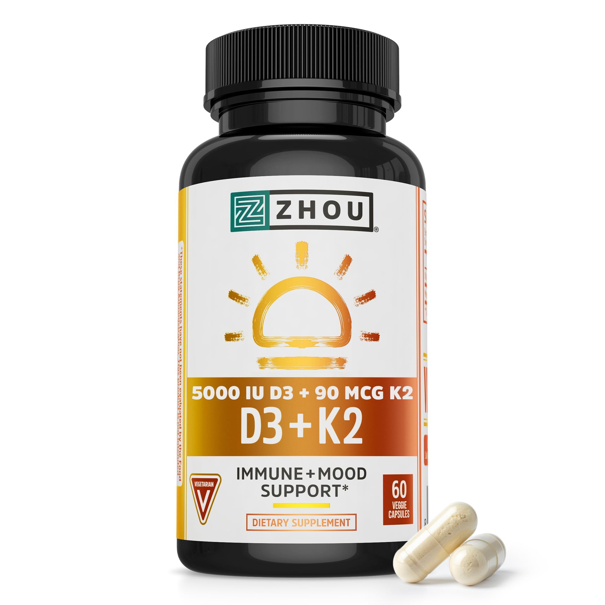 Zhou D3+K2 - Vitamin D3 K2 Supplement for Women & Men, Immune Support Vit D3 and K2 Supplements, Pure Vegetarian Formula with 5000 IU of D3 and MK-7 - 60 Veggie Capsules (Pack of 1)