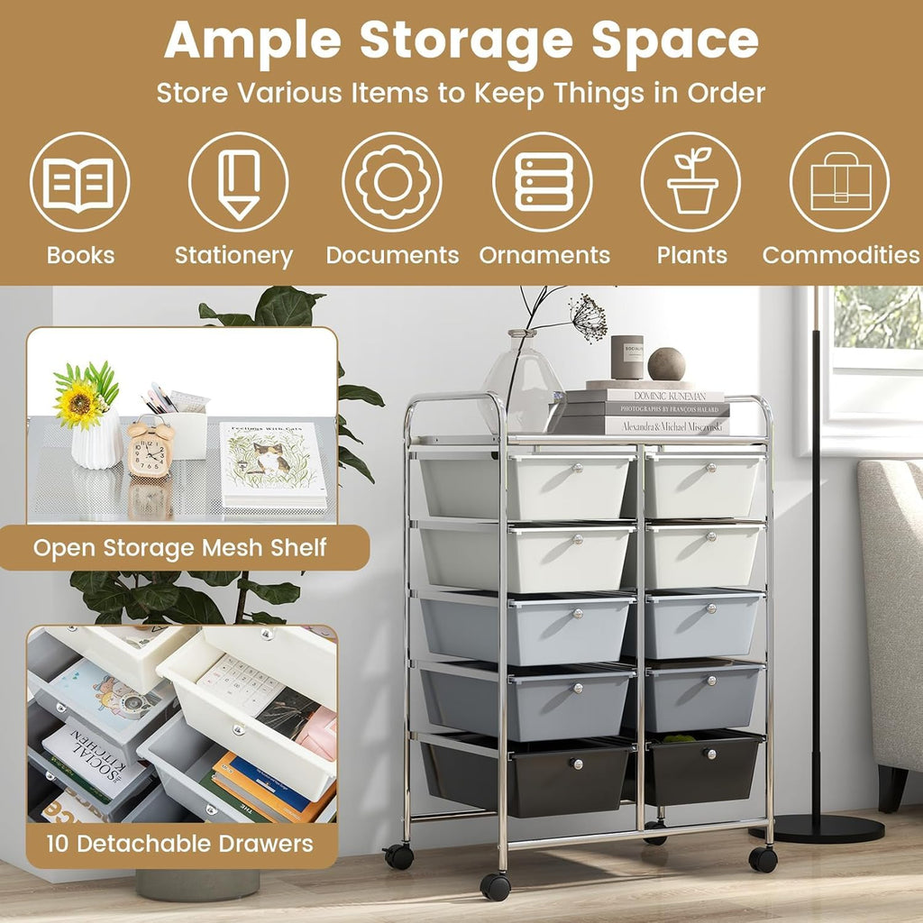 LDAILY 9 Drawer Rolling Storage Cart, Rolling Cart with Drawers for Classroom, Art Supply Craft Organizer on Wheel with Metal Frame & Handles for Home Office School