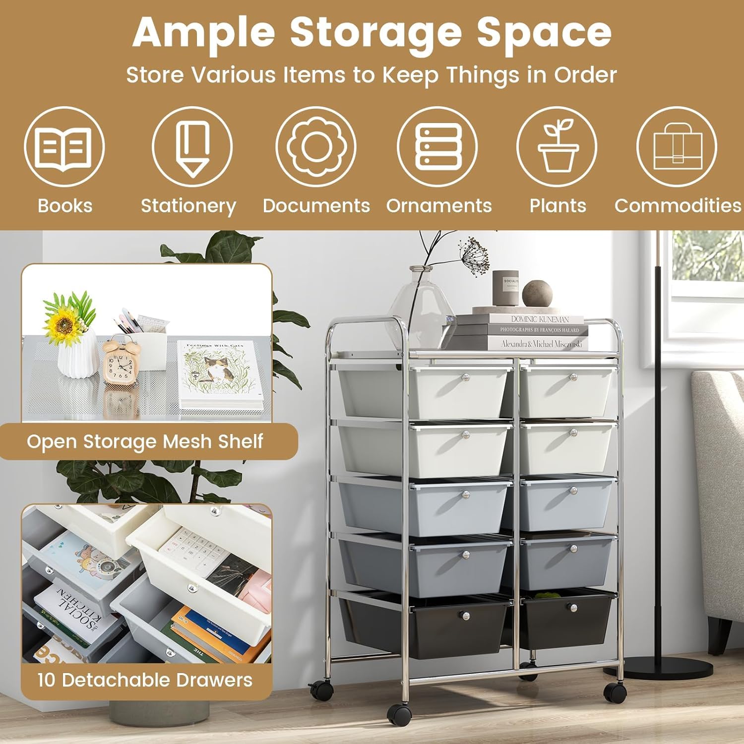 LDAILY 9 Drawer Rolling Storage Cart, Rolling Cart with Drawers for Classroom, Art Supply Craft Organizer on Wheel with Metal Frame & Handles for Home Office School