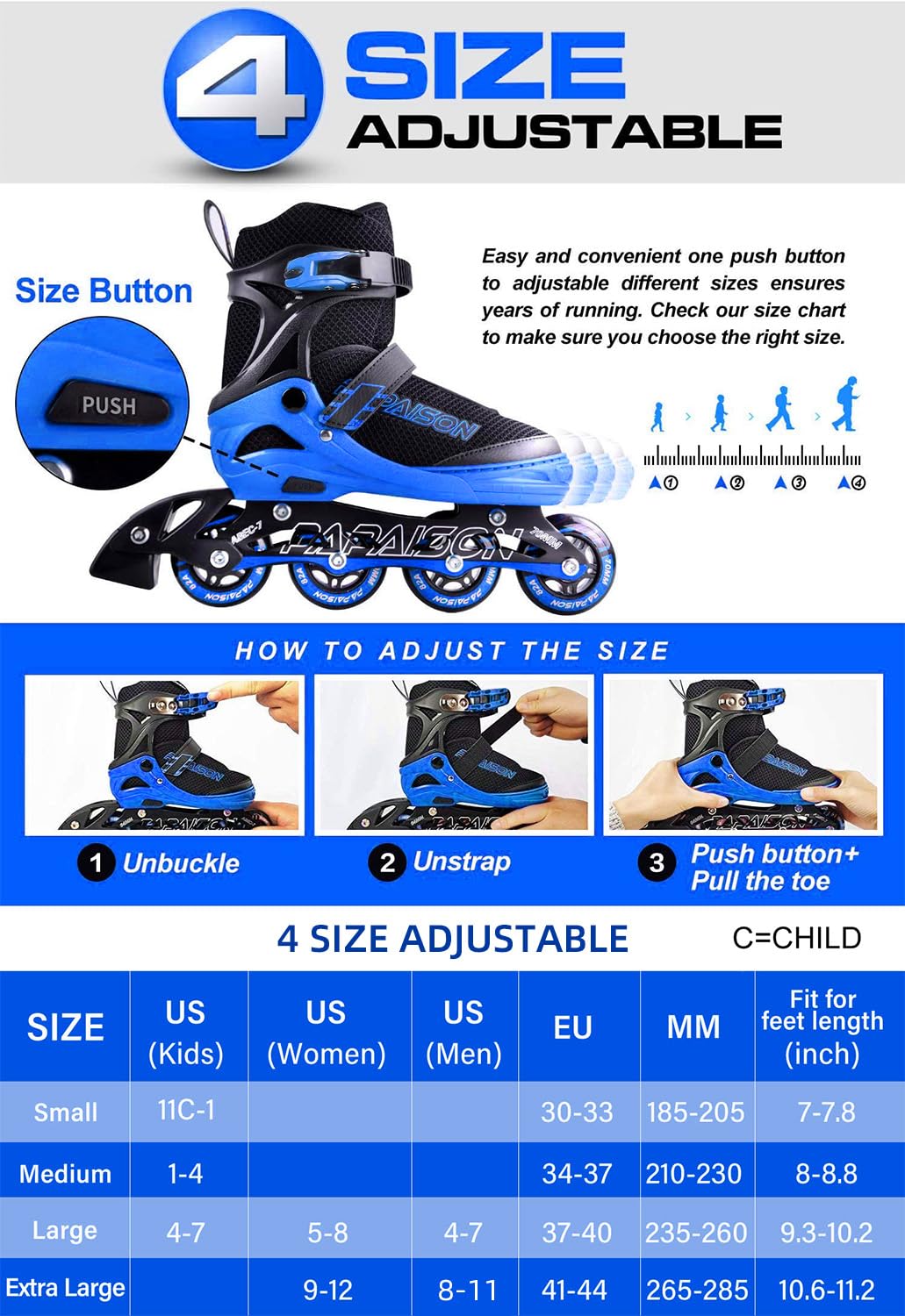 PAPAISON Adjustable Inline Skates for Kids and Adults with Full Light Up Wheels, Outdoor Roller Skates for Girls and Boys, Men and Women