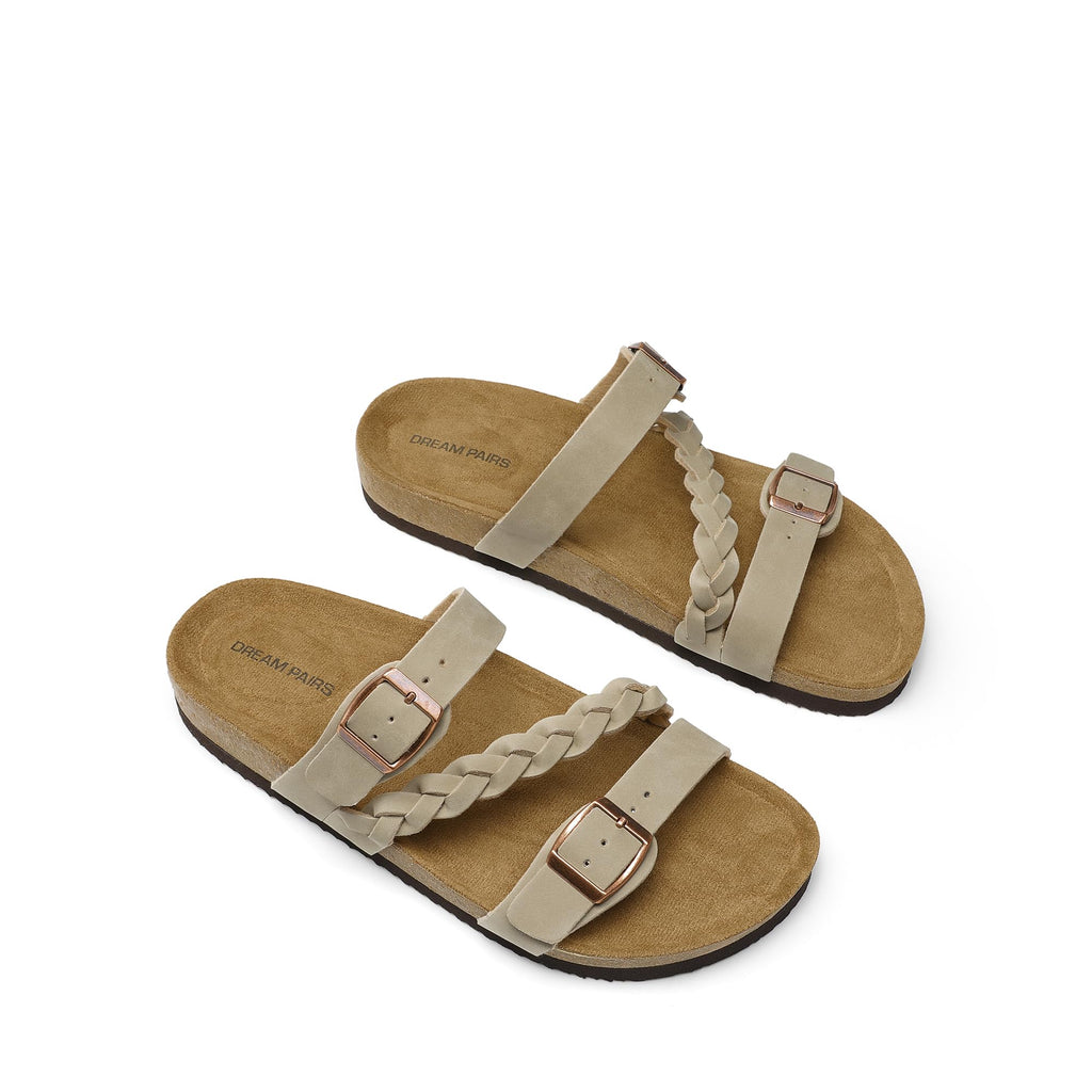 DREAM PAIRS Women's Slides Soft Cork Footbed Sandals Comfortable Walking Slip-on Flat Sandals Arch Support Adjustable Buckle Braided Straps Slippers