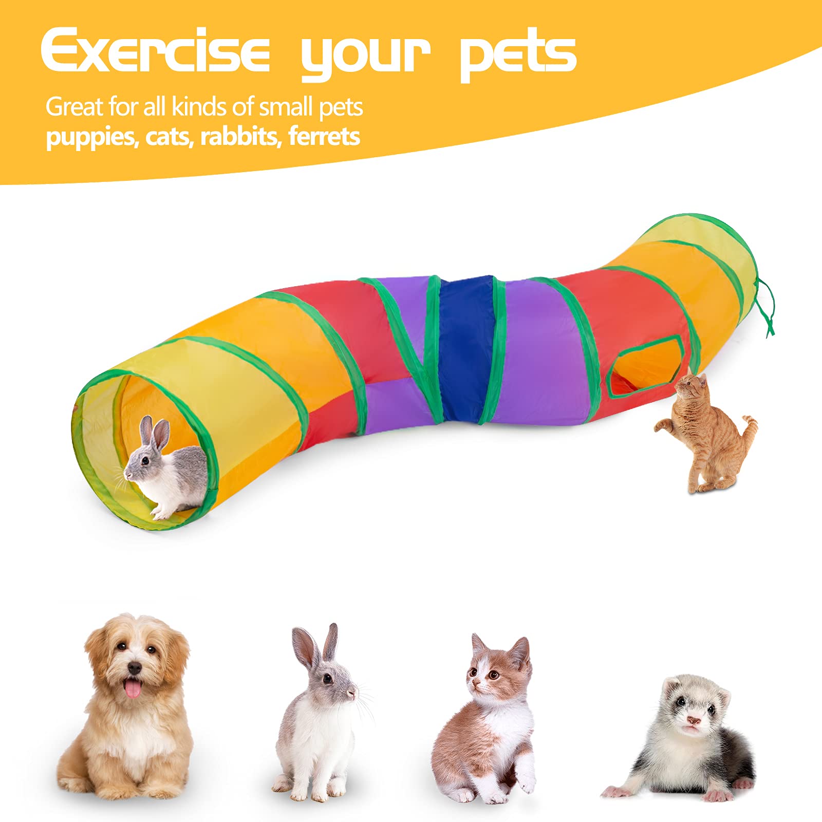 Sheldamy Cat Tunnel, 2-Way Collapsible Play Tunnel, Interactive Toy Maze for Small Animals, Suitable for Kittens, Puppies, Rabbits, Ferrets, Blue & Black