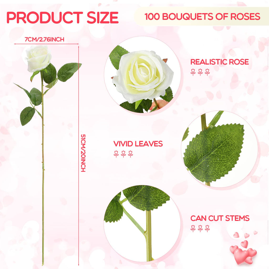 Jexine 100 Pieces Artificial Roses Flowers Bulk, Long Stem Realistic Fake Silk Roses Bouquet for Table Centerpiece Vases Wedding Party Kitchen Decor(Beige)