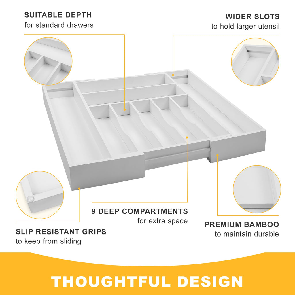 Expandable Acacia Kitchen Drawer Organizer for Cutlery and Utensils, Adjustable Acacia Wood Cutlery Tray in Drawer for Flatware and Silverware in Kitchen