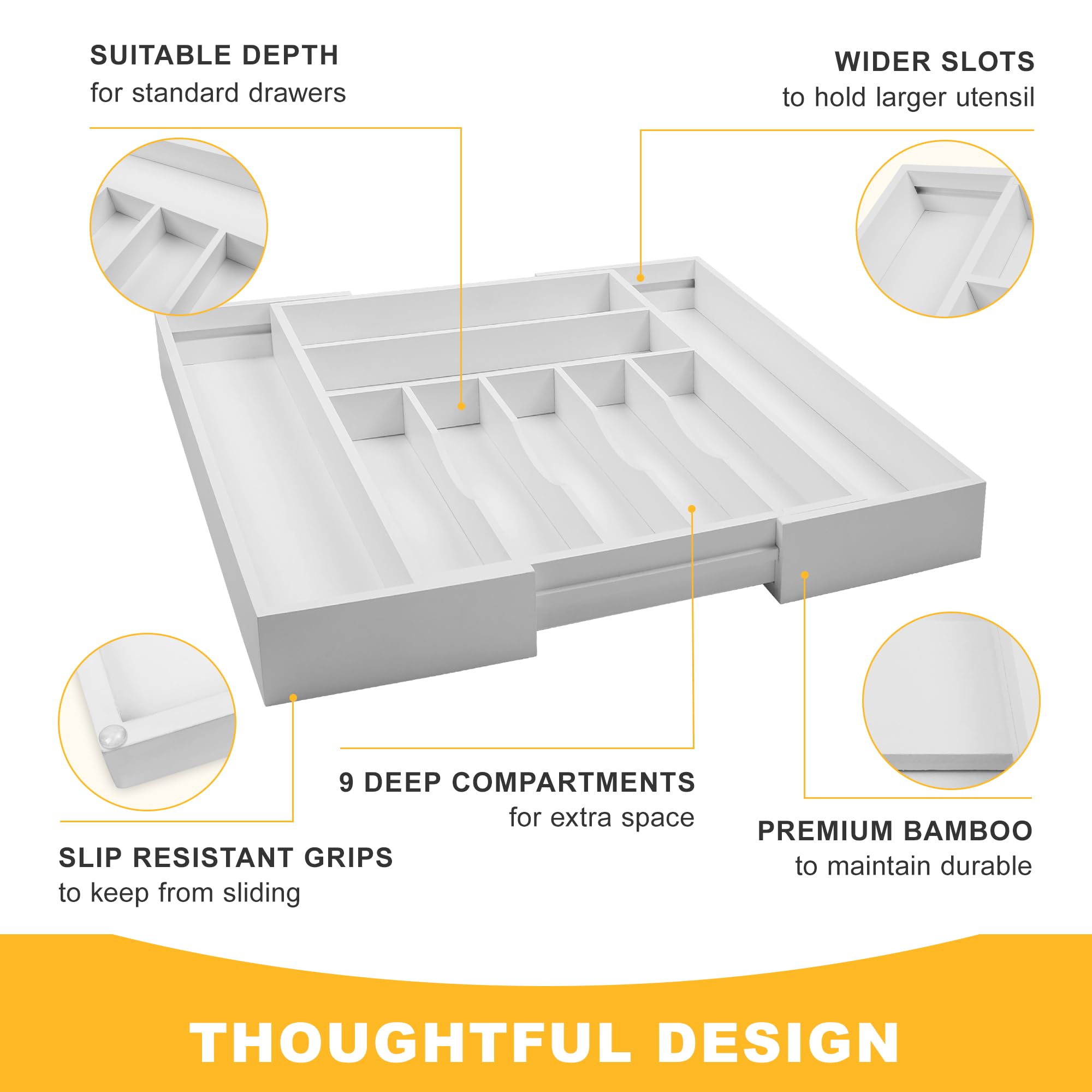 Expandable Acacia Kitchen Drawer Organizer for Cutlery and Utensils, Adjustable Acacia Wood Cutlery Tray in Drawer for Flatware and Silverware in Kitchen