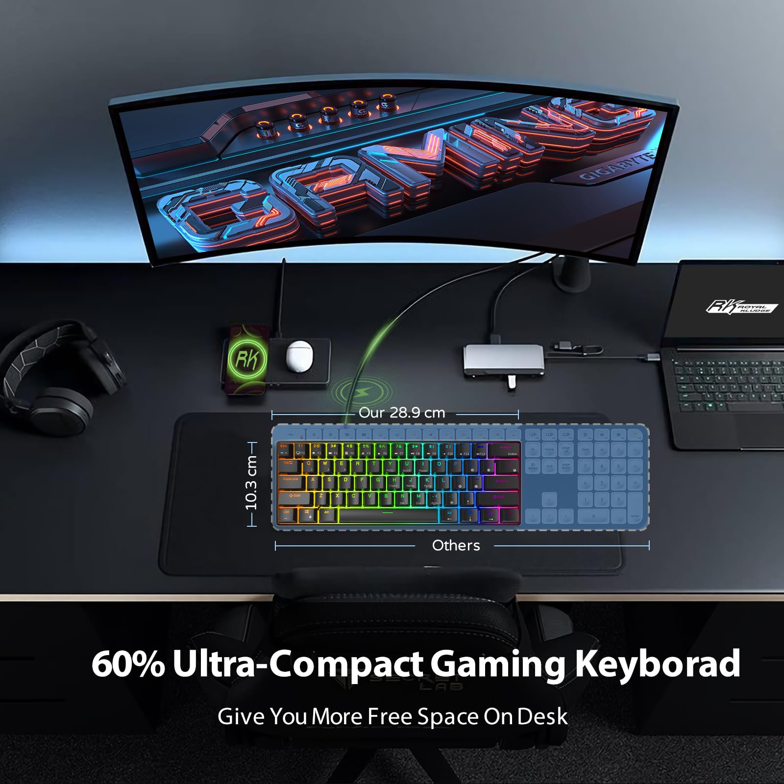 RK ROYAL KLUDGE RK61 Wired 60% Mechanical Gaming Keyboard Programmable QMK/VIA RGB Backlit 61 Keys Ultra-Compact Hot Swappable Brown Switch Black