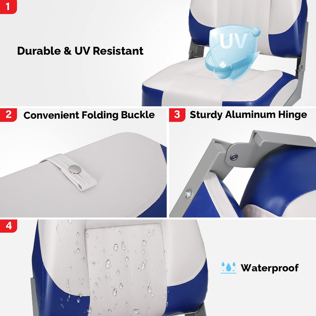 PEXMOR Boat Seats, Low/High Back, Folding, Waterproof, Captain Seat, 2 Packs (High Back-Blue & White)
