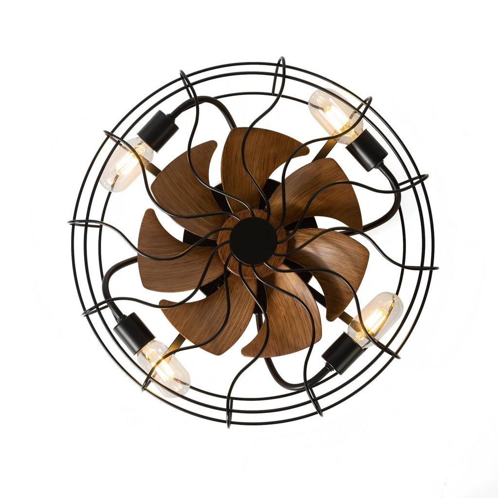 ZYD Caged Ceiling Fan with Light, 20" Ceiling Fan with Lights and Remote Flush Mount, Bladeless Caged Ceiling Fans with Lights, Matte Black Rustic Fan for Bedroom, Kitchen, Dining Room