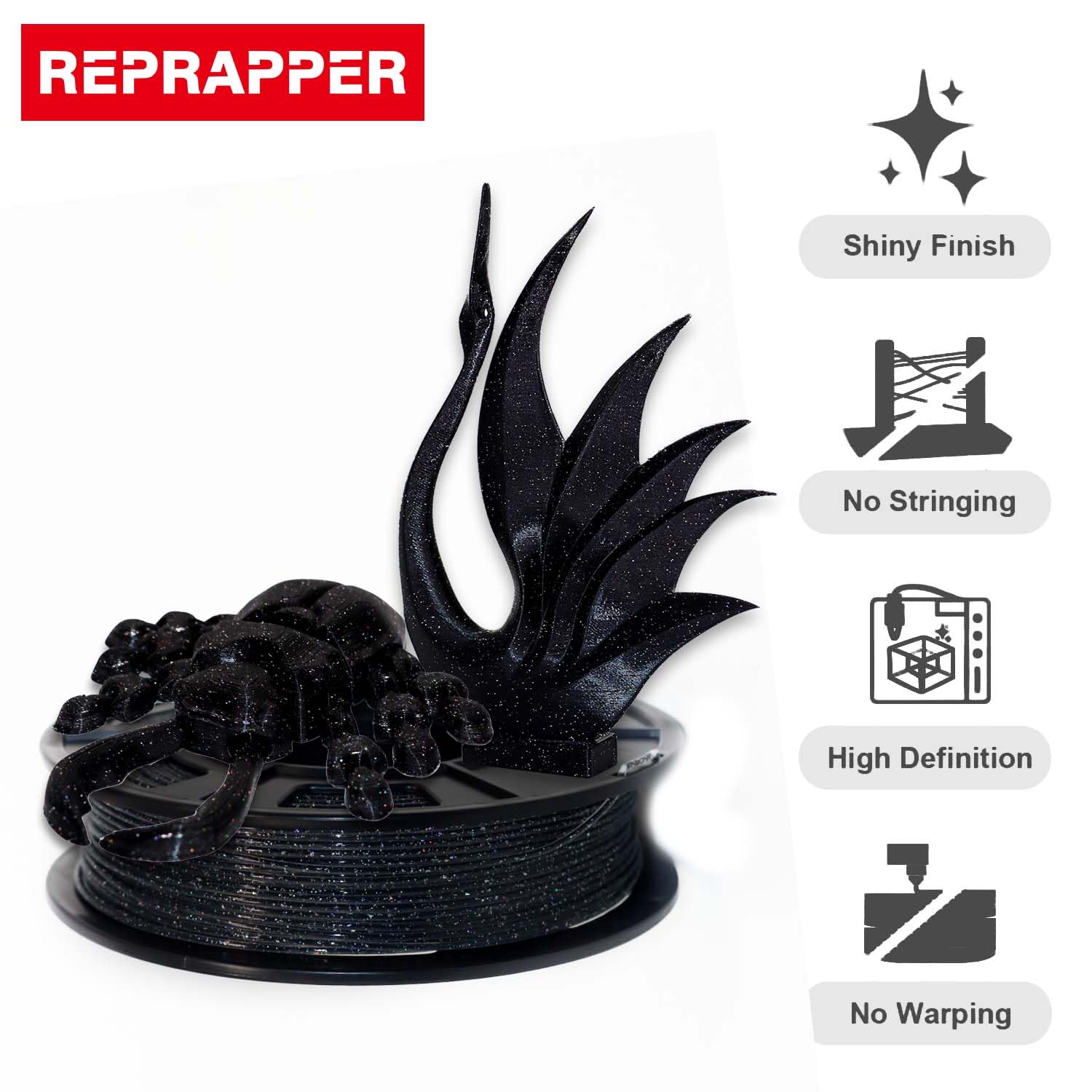 RepRapper PLA Filament, Multicolor Glitter Sample Pack, Shiny Galaxy Silk PLA1.75MM for 3D Printer, Glow in The Dark Sparkle Laser Series 3D Printer Filament, 250g*4