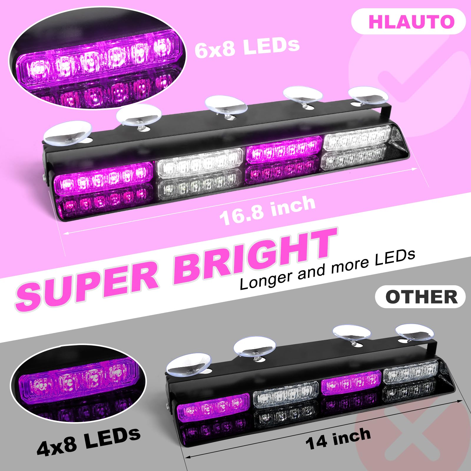 HLauto 604N Emergency Dash Strobe Lights: 2x16.8 inch Amber White Security Light w/Take Down, 48 LED Safety Flashing Warning Hazard Interior Windshield Light Bar for Truck Vehicle