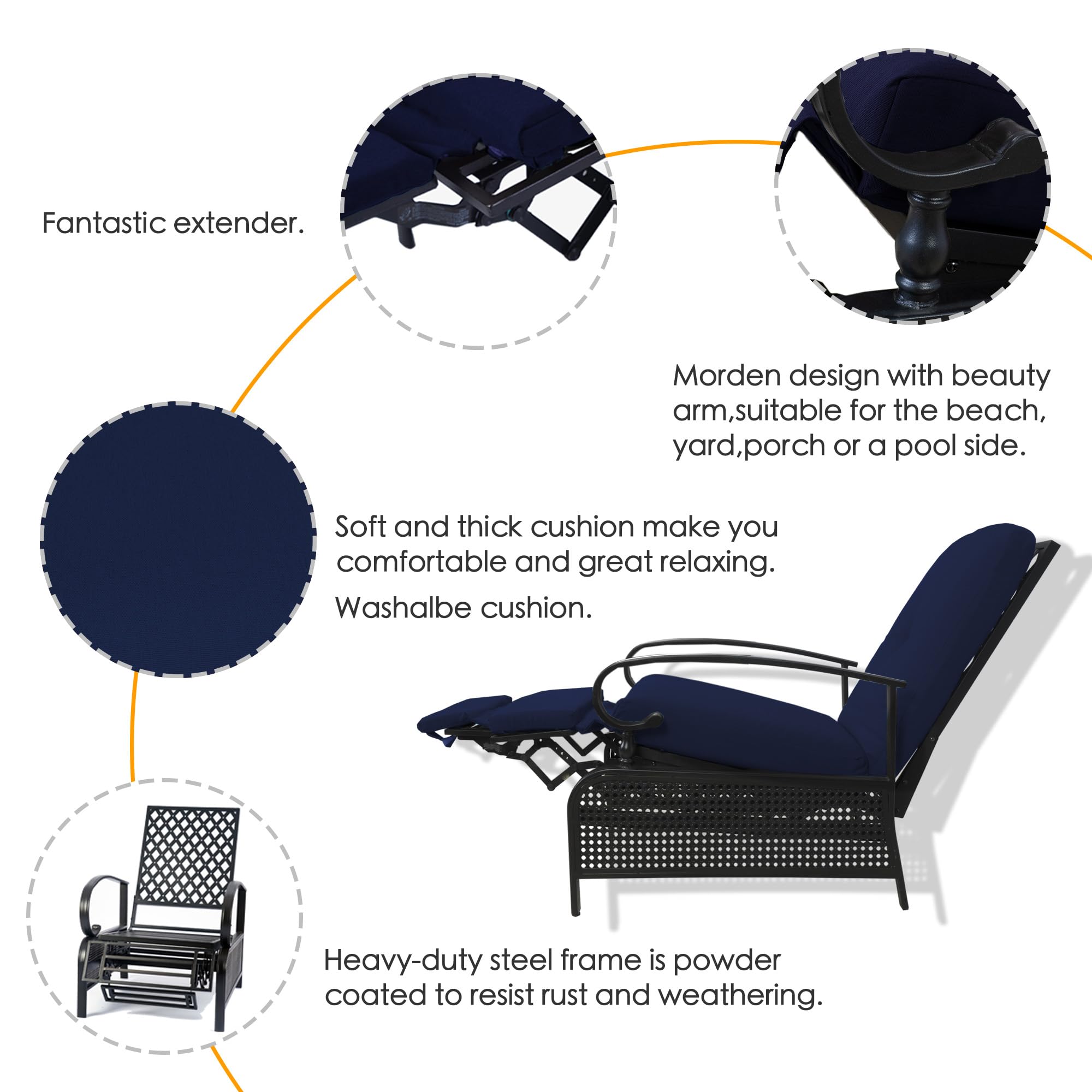 Kozyard Adjustable Outdoor Reclining Lounge Chair, Cushioned Patio Chaise Lounge with Extendable Metal Frame for Sunbathing, Reading & Relaxing – Comfortable Outdoor Recliner, Aqua
