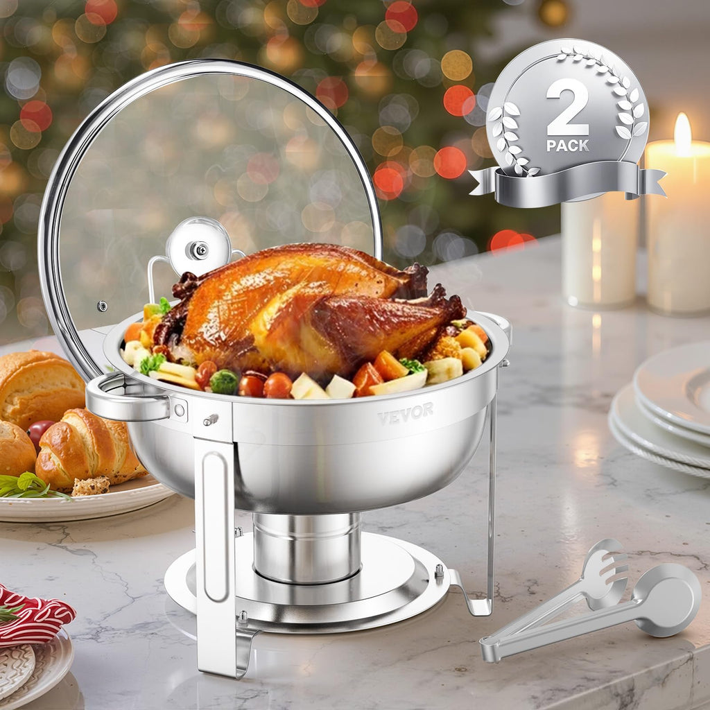 VEVOR Chafing Dish Buffet Set, 5 Qt 4 Pack, Stainless Steel Chafer with 4 Full Size Pan, Round Catering Warmer Server with Glass Lid Water Pan Folding Stand Fuel Holder, for Wedding Banquet, Gold