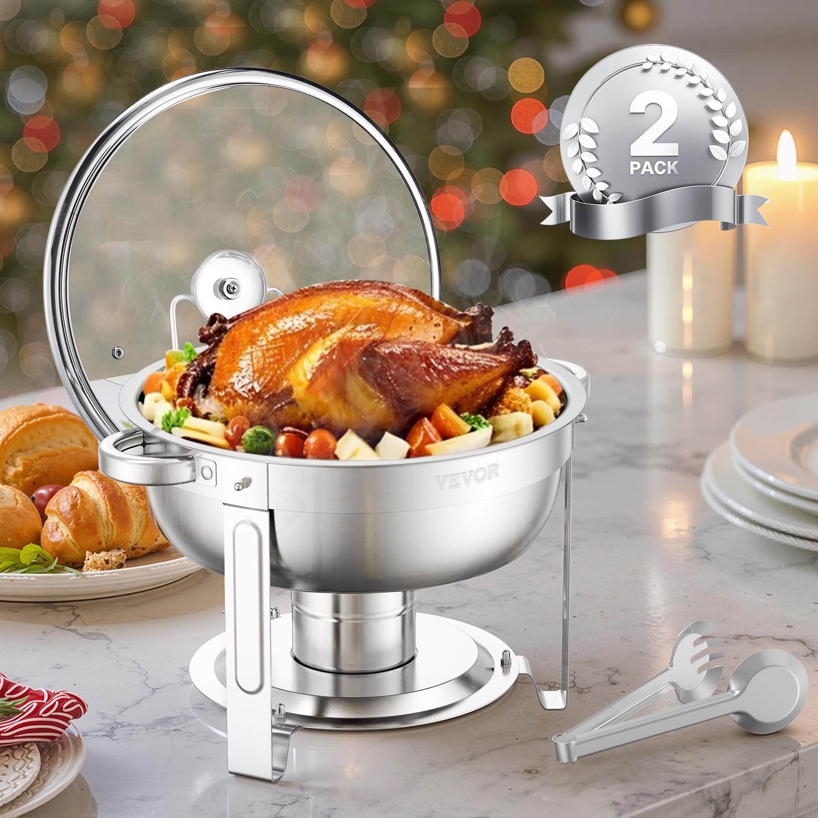 VEVOR Chafing Dish Buffet Set, 5 Qt 4 Pack, Stainless Steel Chafer with 4 Full Size Pan, Round Catering Warmer Server with Glass Lid Water Pan Folding Stand Fuel Holder, for Wedding Banquet, Gold