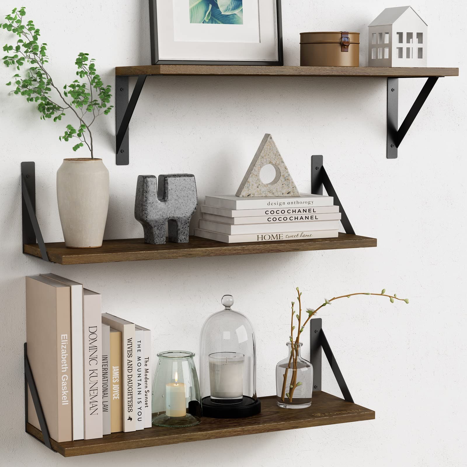 Forbena 12 Inch Deep Floating Shelves for Wall, Wide Black Wall Mounted Shelves for Bedroom Office Books Plants, Large Hanging Shelf for Living Room Bathroom Kitchen Closet Pantry Storage (3-Pack)