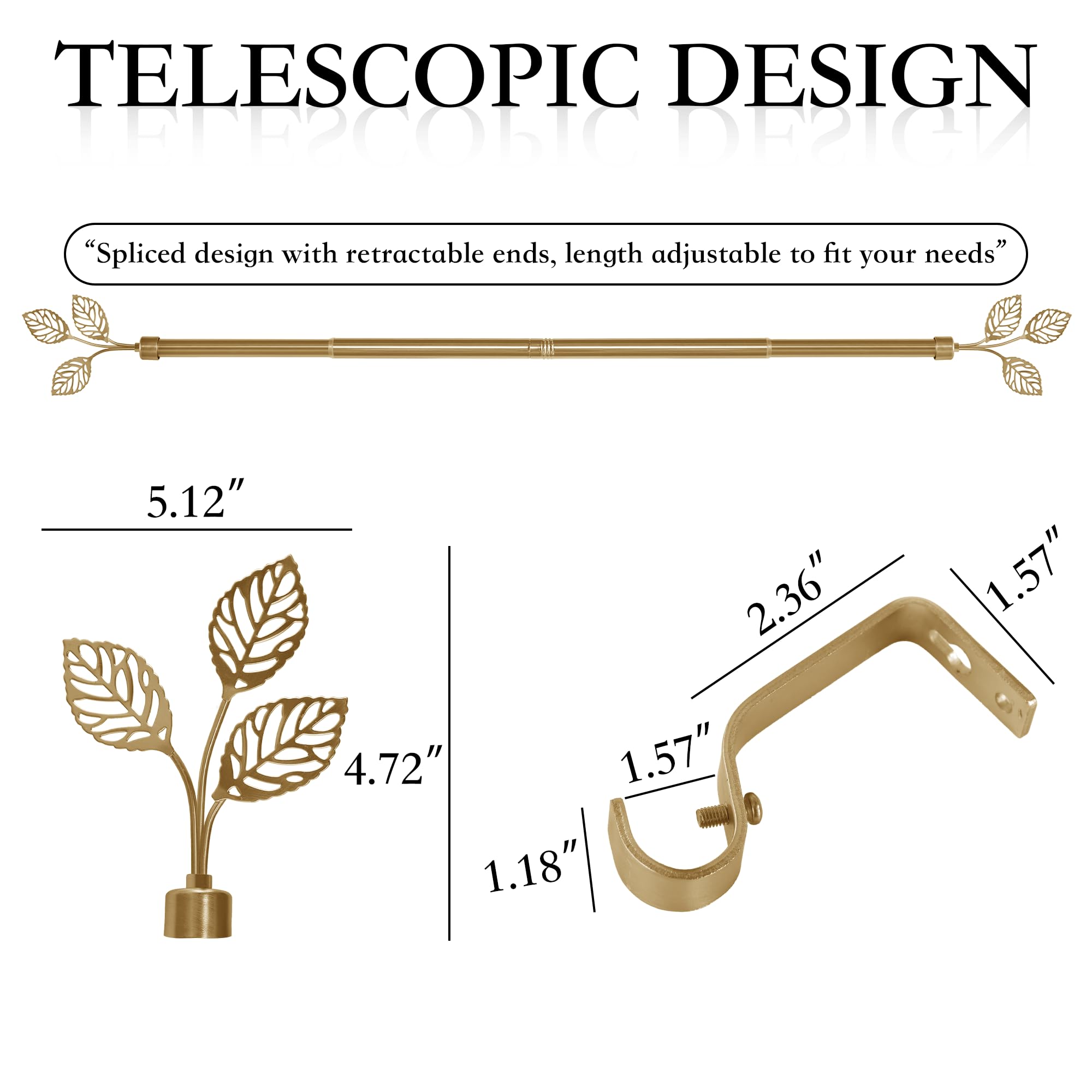 RYB HOME Small Curtain Rod 28 to 48 Inch Adjustable Telescoping Blackout Decorative Drape Rod with Leaf Finial for Cafe Kitchen Kids Bedroom Bathroom Shower Living, Antique Brass, 1 Inch Diameter