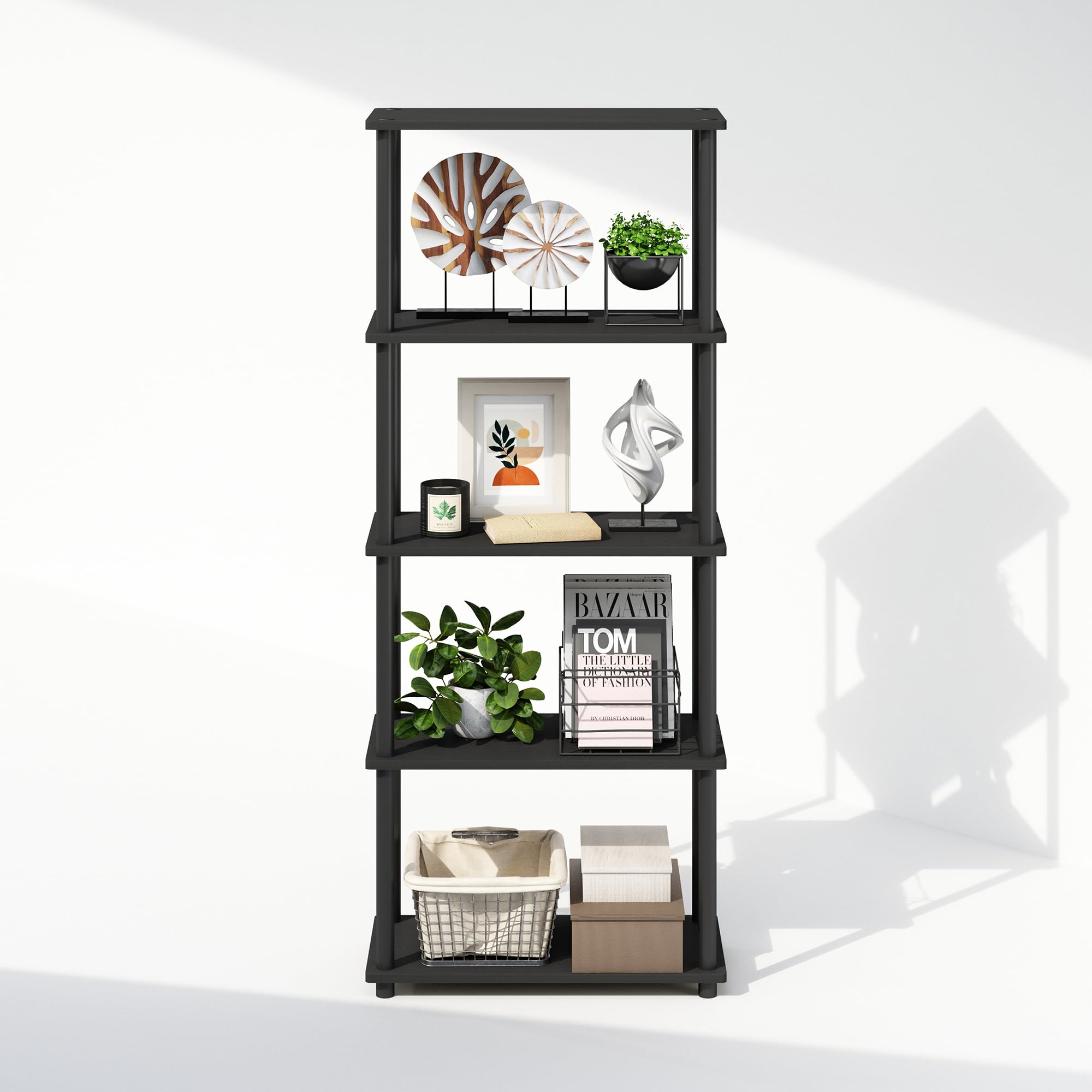 Furinno Turn-N-Tube Book Shelf, 4-Tier Bookshelf, Bookcase with Multipurpose Compact Display Rack, 11.6 x 23.6 x 43.2, for Living Room, Bedroom, Home Office, Americano/Black
