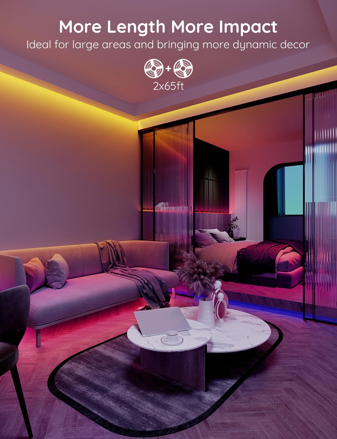 Govee 130ft LED Strip Lights, Bluetooth RGB LED Lights with App Control, 64 Scenes and Music Sync LED Lights Strip for Bedroom, Living Room, Party, ETL Listed Adapter (2 Rolls of 65ft)