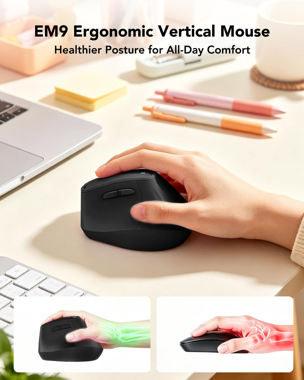KYSONA Ergonomic Mouse Wireless, Bluetooth Vertical Mouse, 5-Level Adjustable DPI, 2.4G Silent Switch Mice for Windows, MacOS, IPadOS, Laptop, PC, Black
