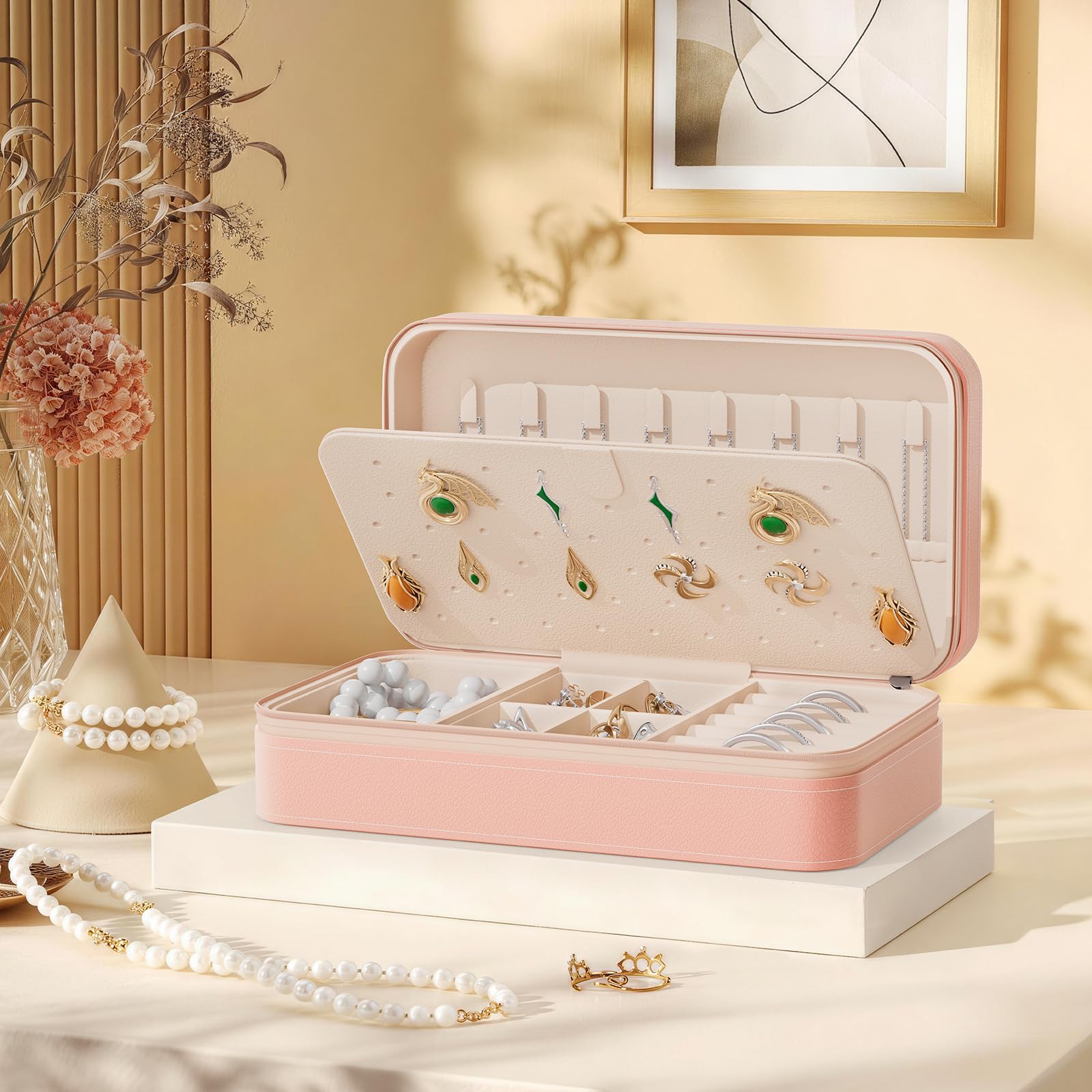 DesignSter Travel Jewelry Box, PU Leather Portable Jewelry Case, Small Jewelry Boxes for Gifts, Travel Jewelry Organizer for Women Rings Earrings Necklaces Bracelets (Avocado Green)