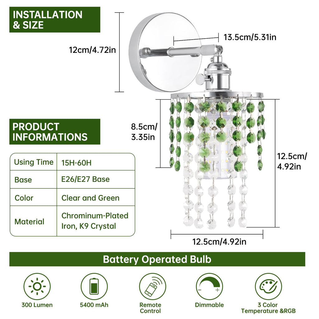 Shenmoyl Set of 2 Crystal Battery Operated Wall Sconce, Rechargeable Battery Powered Wall Lamp with Remote Control, Modern Dimmable Wall Lights for Bedroom Bathroom(Green, Gold Base)