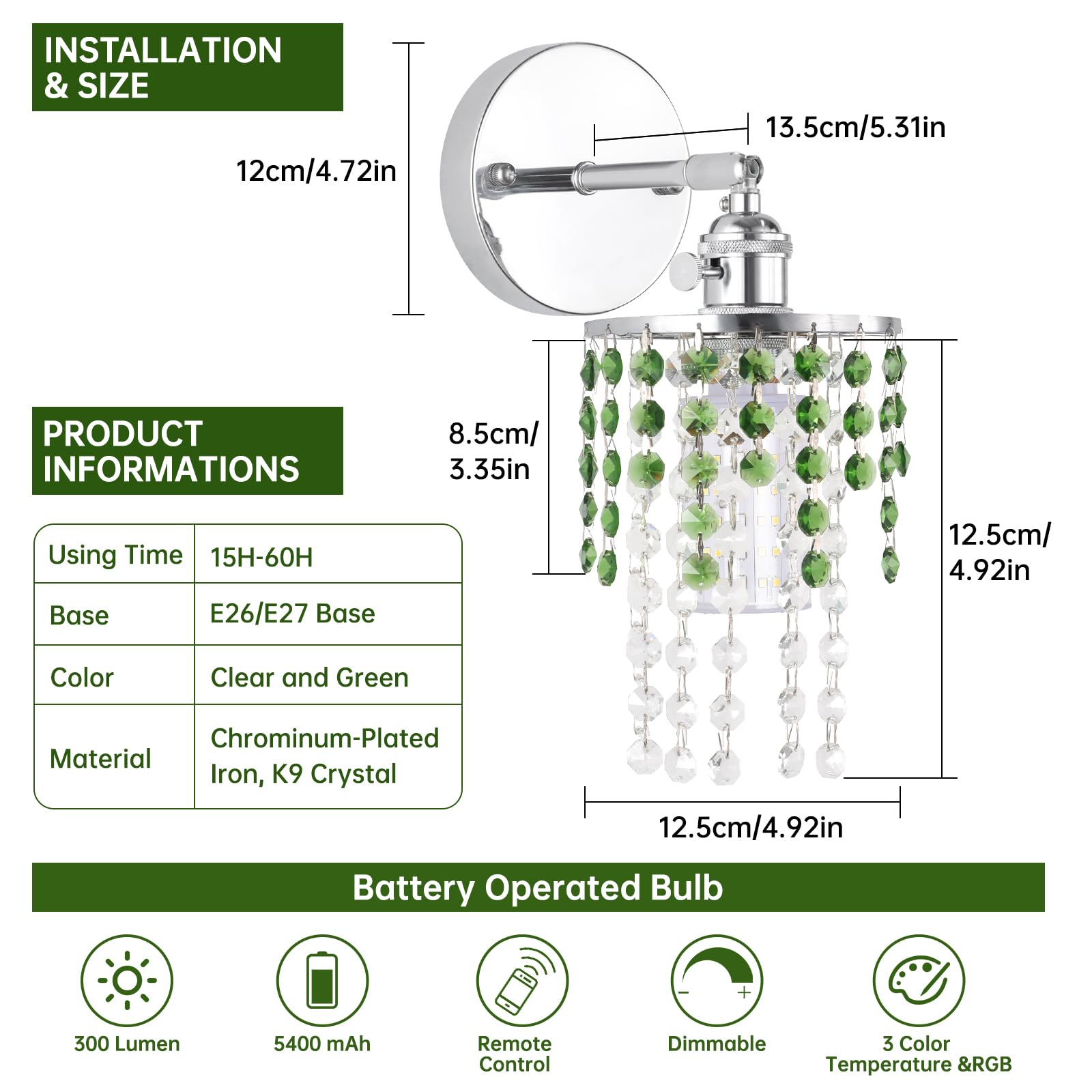 Shenmoyl Set of 2 Crystal Battery Operated Wall Sconce, Rechargeable Battery Powered Wall Lamp with Remote Control, Modern Dimmable Wall Lights for Bedroom Bathroom(Green, Gold Base)