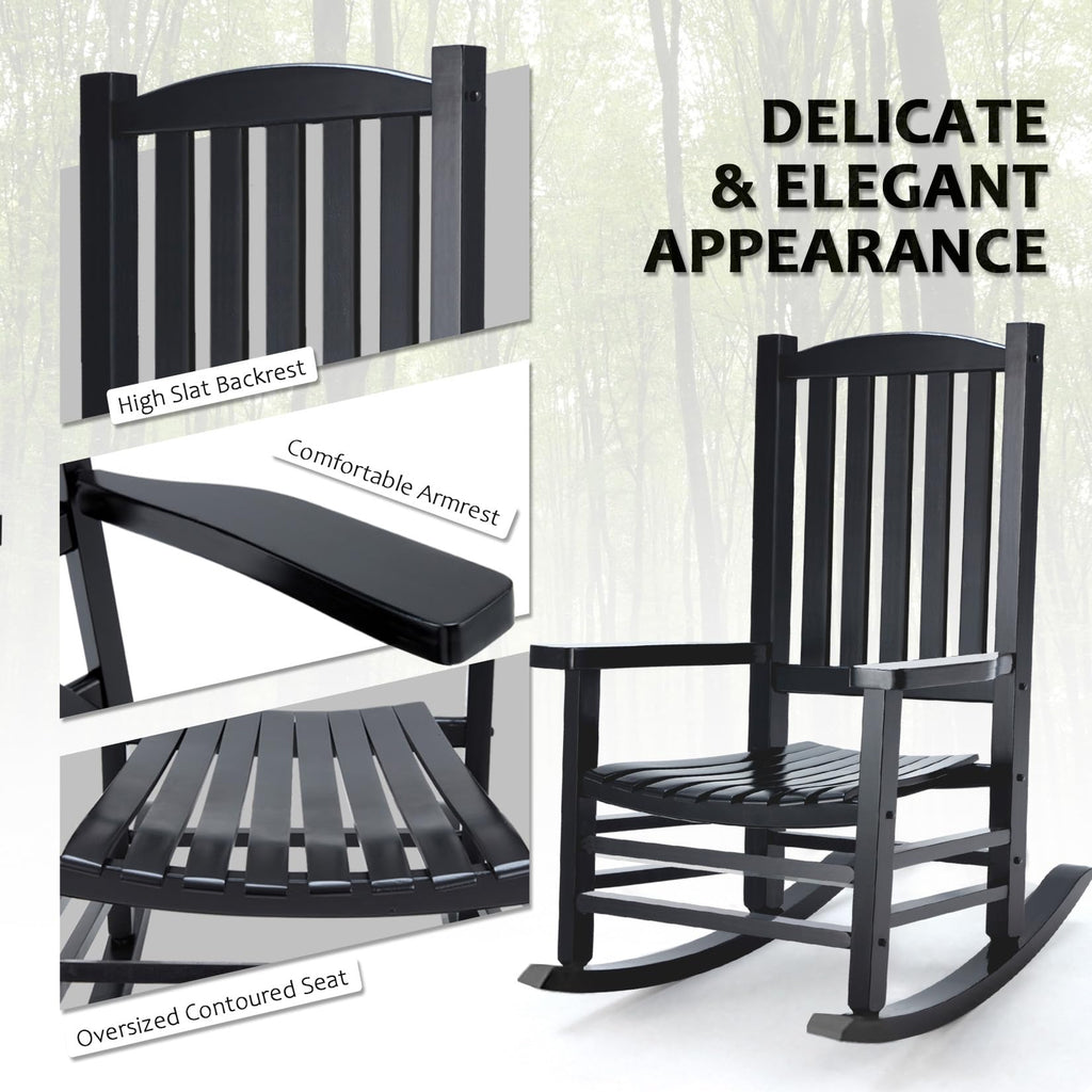 Hupmad Wooden Rocking Chair Outdoor Oversized Porch Rocker Chair,Patio Wooden Rocker with High Back and Armrest,All Weather Rocker Slatted for Backyard,Garden,400 lbs Support,Black