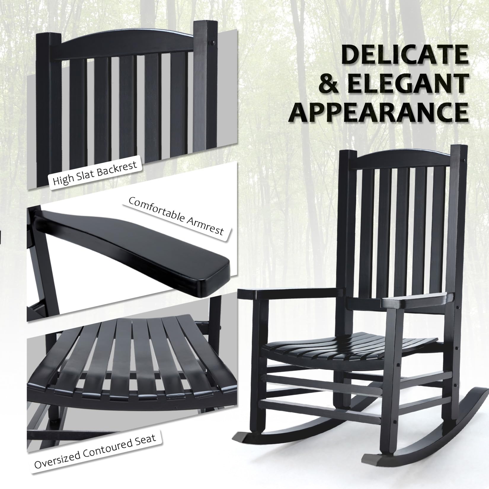 Hupmad Wooden Rocking Chair Outdoor Oversized Porch Rocker Chair,Patio Wooden Rocker with High Back and Armrest,All Weather Rocker Slatted for Backyard,Garden,400 lbs Support,Black
