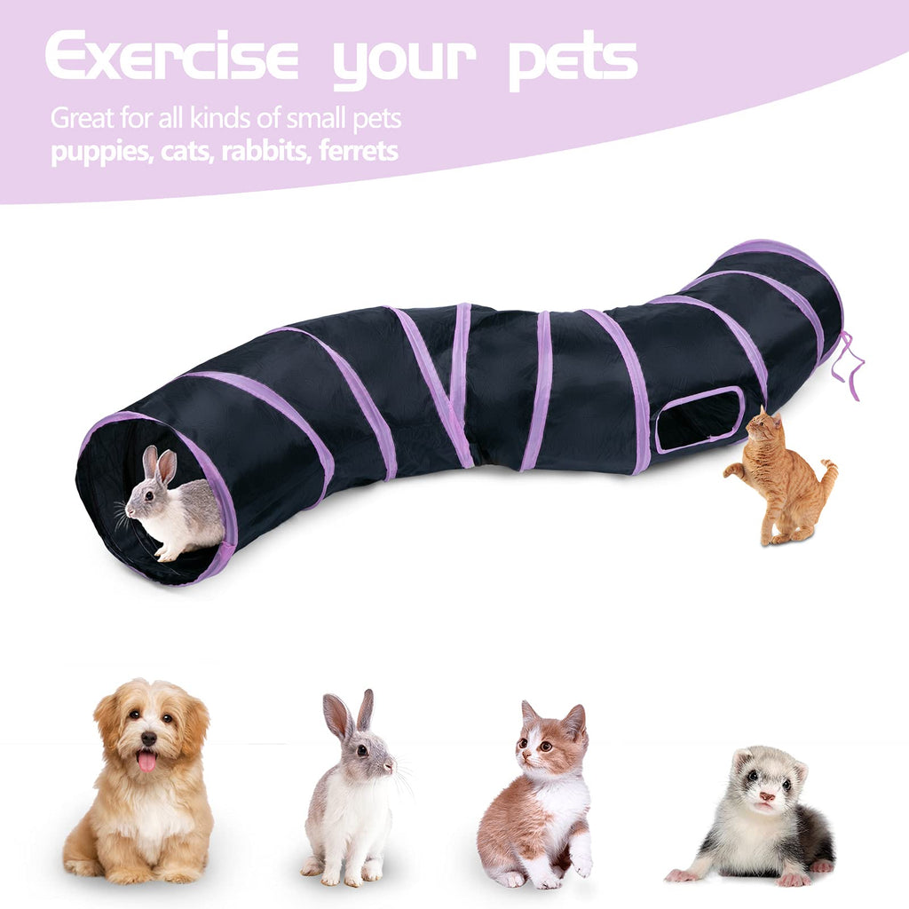 Sheldamy Cat Tunnel, 2-Way Collapsible Play Tunnel, Interactive Toy Maze for Small Animals, Suitable for Kittens, Puppies, Rabbits, Ferrets, Blue & Black
