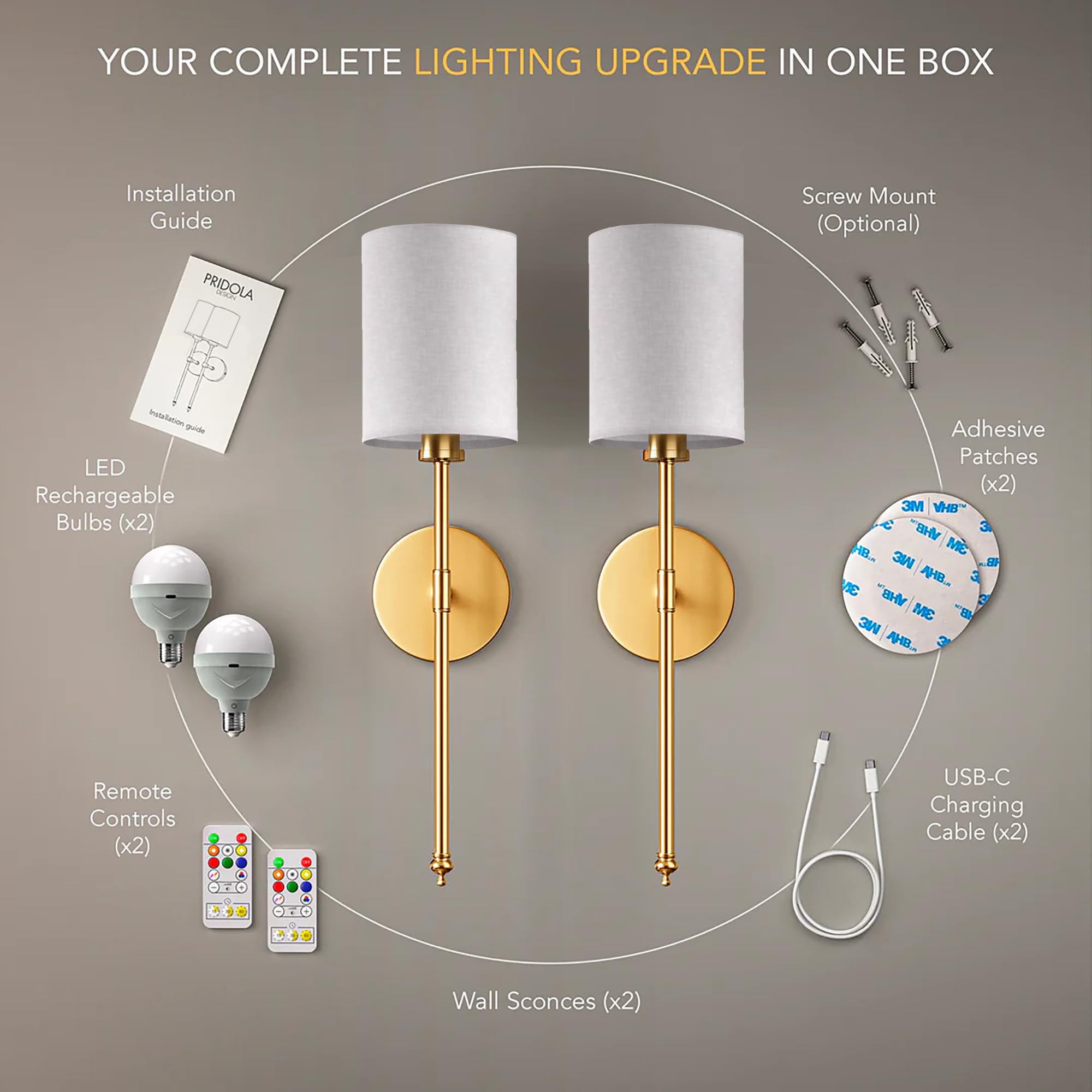 PRIDOLA Set of 2 Wireless Wall Sconces - Stick-On or Screw Mount for Easy Installation with Rechargeable LED Bulbs, Remote Controlled, Adjustable Brightness & Warmth, Vintage Wall Decor (Silver)