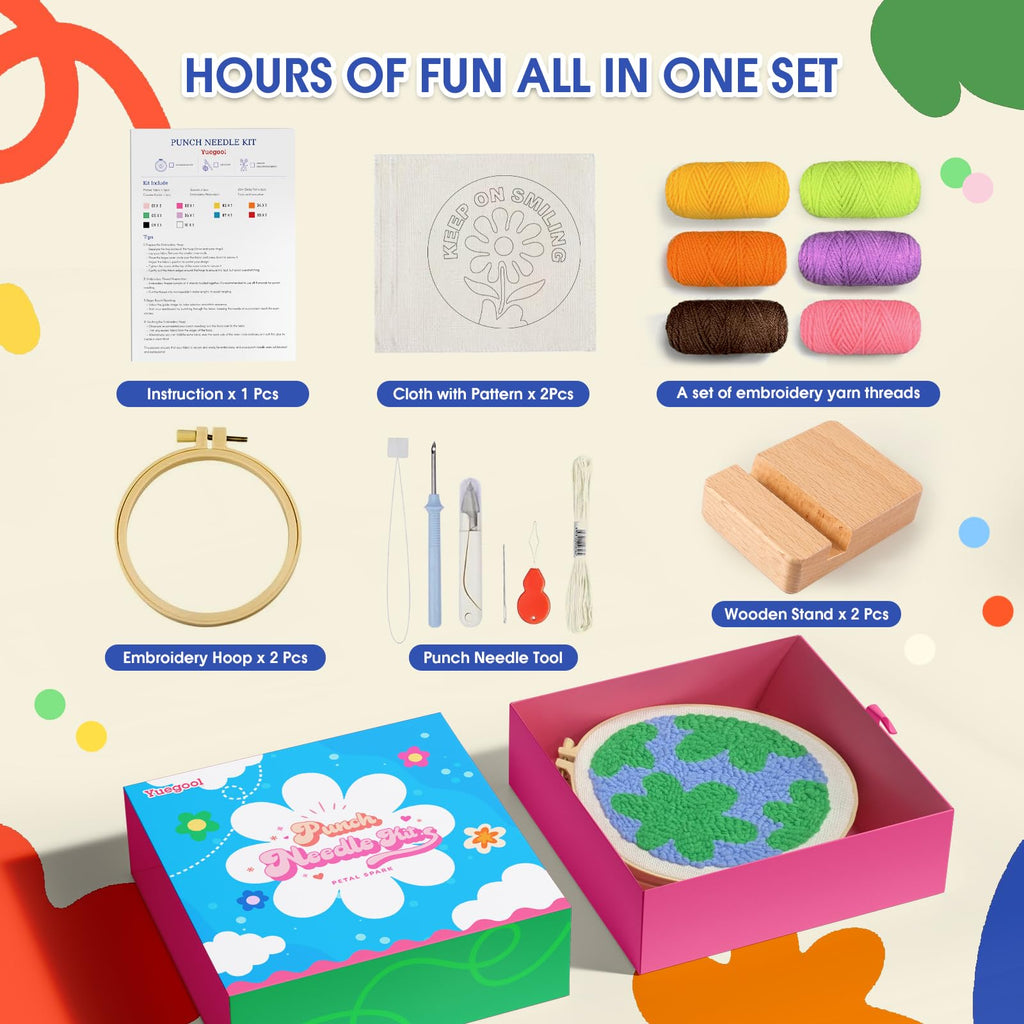 yuegool 6PCS Enchanted Oddities Punch Needle Coasters Kit – Easy DIY Embroidery Kit for Beginners, Adults & Kids | Includes Patterns, Tools, Yarns, Hoop, Instructions, Coaster Holder