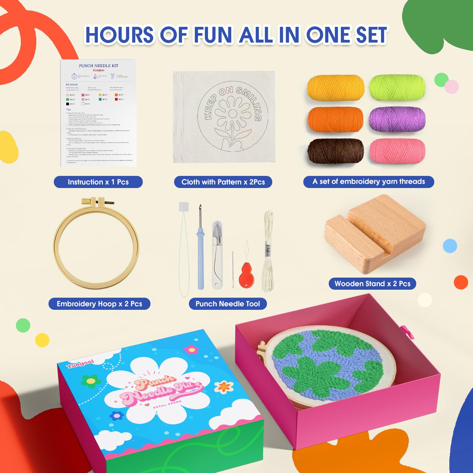 yuegool 6PCS Enchanted Oddities Punch Needle Coasters Kit – Easy DIY Embroidery Kit for Beginners, Adults & Kids | Includes Patterns, Tools, Yarns, Hoop, Instructions, Coaster Holder