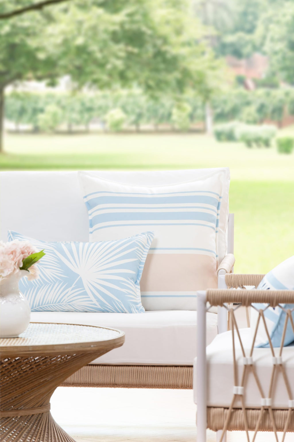 Hofdeco Premium Coastal Patio Indoor Outdoor Lumbar Pillow Cover Only, 12"x20" Water Repellent for Backyard, Couch, Baby Blue Green Floral with Piping