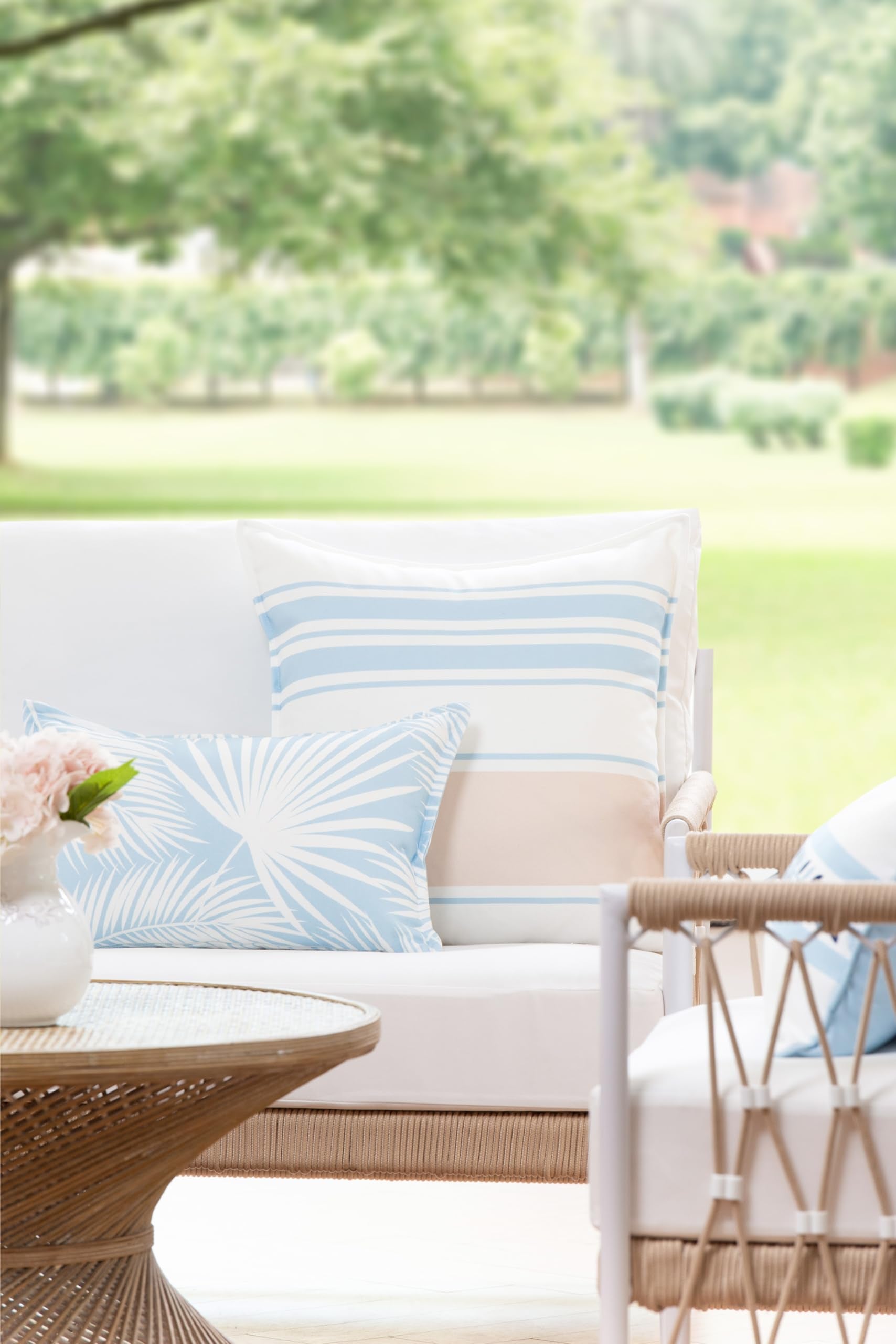 Hofdeco Premium Coastal Patio Indoor Outdoor Lumbar Pillow Cover Only, 12"x20" Water Repellent for Backyard, Couch, Baby Blue Green Floral with Piping