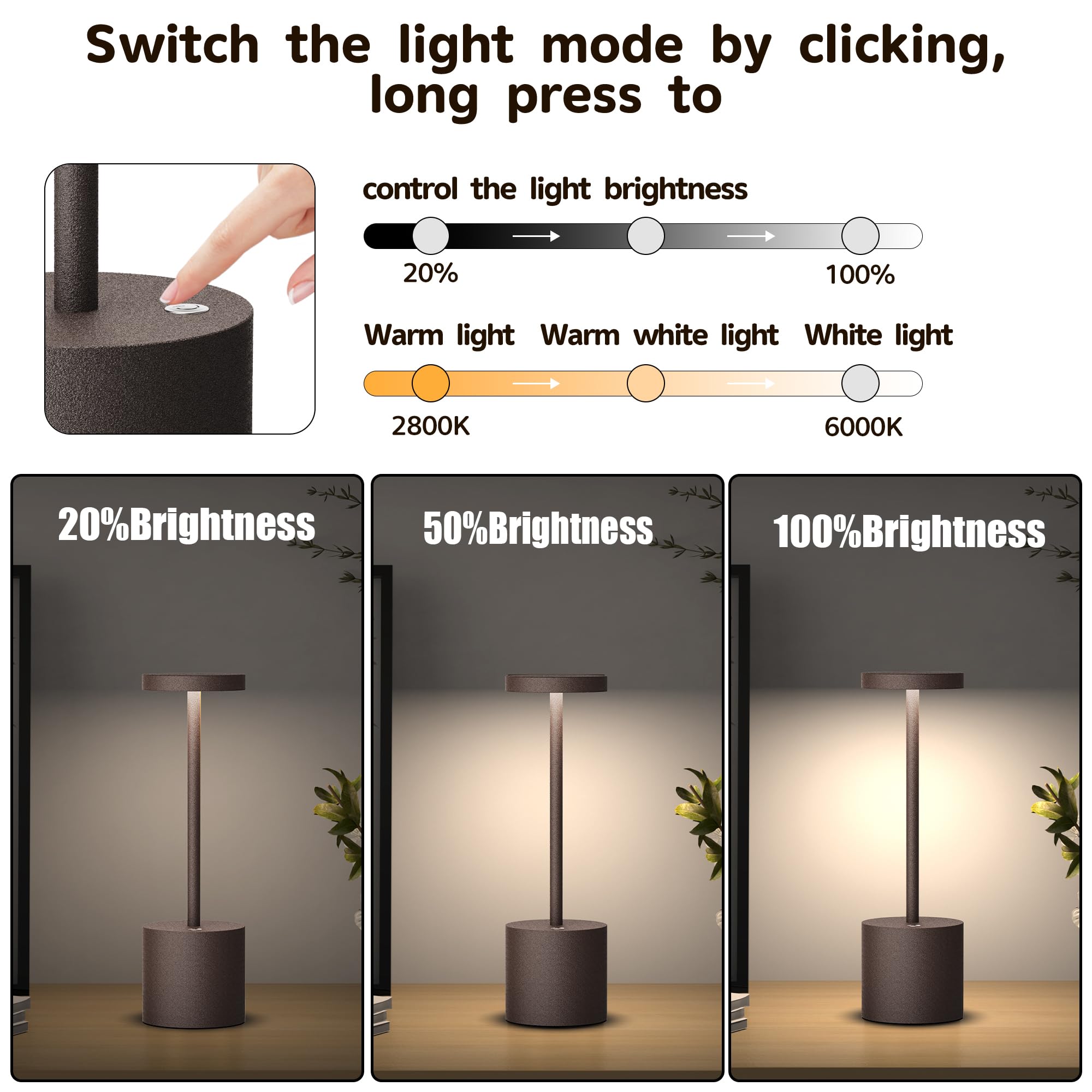 2Pack Cordless Table Lamp, Rechargeable LED Battery 5000mAh Metal USB Portable Powered Desk Lamp, 3 Levels Brightness Light for Restaurants Outdoor (2pack 10.25in Titanium)