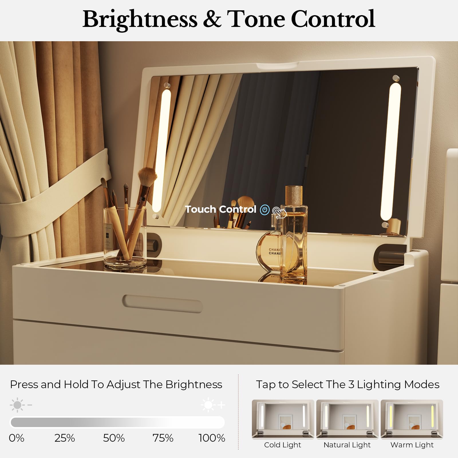 Muwuele Solid Wood Small Vanity Desk with Mirror and Lights, Narrow Makeup Vanity for Small Space, Flip Top Vanity Side Table, 3 Color Modes & Adjustable Brightness, 19.6" Slim Dressing Table, Black