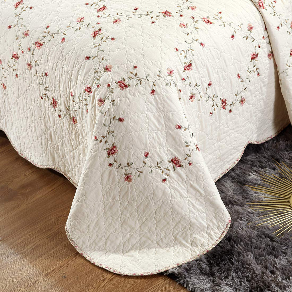 vctops 3-Piece Floral Embroidered Bedspread Coverlet Set Twin Size 100% Cotton Reversible Patchwork 1 Quilt and 2 Pillow Shams (Flower,Twin)