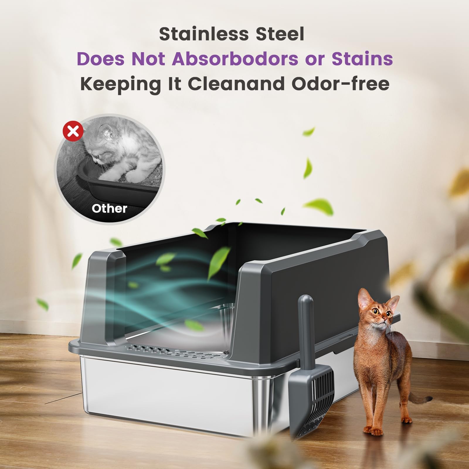Extra Large XXL Stainless Steel Cat Litter Box with Lid, 26" L x 18" W x 12" H Metal Litter Box with Hight Sides for Big Cats & Multiple Cats, Never Absorbs Odors, Anti-Urine Leakage, Easy Cleaning