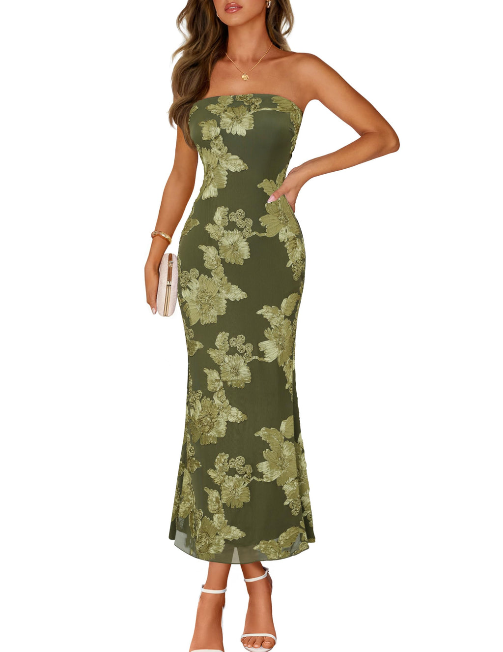 MEROKEETY Women's Floral Strapless Maxi Dress 2026 Summer Mesh Tube Bodycon Formal Wedding Guest Cocktail Party Long Dresses
