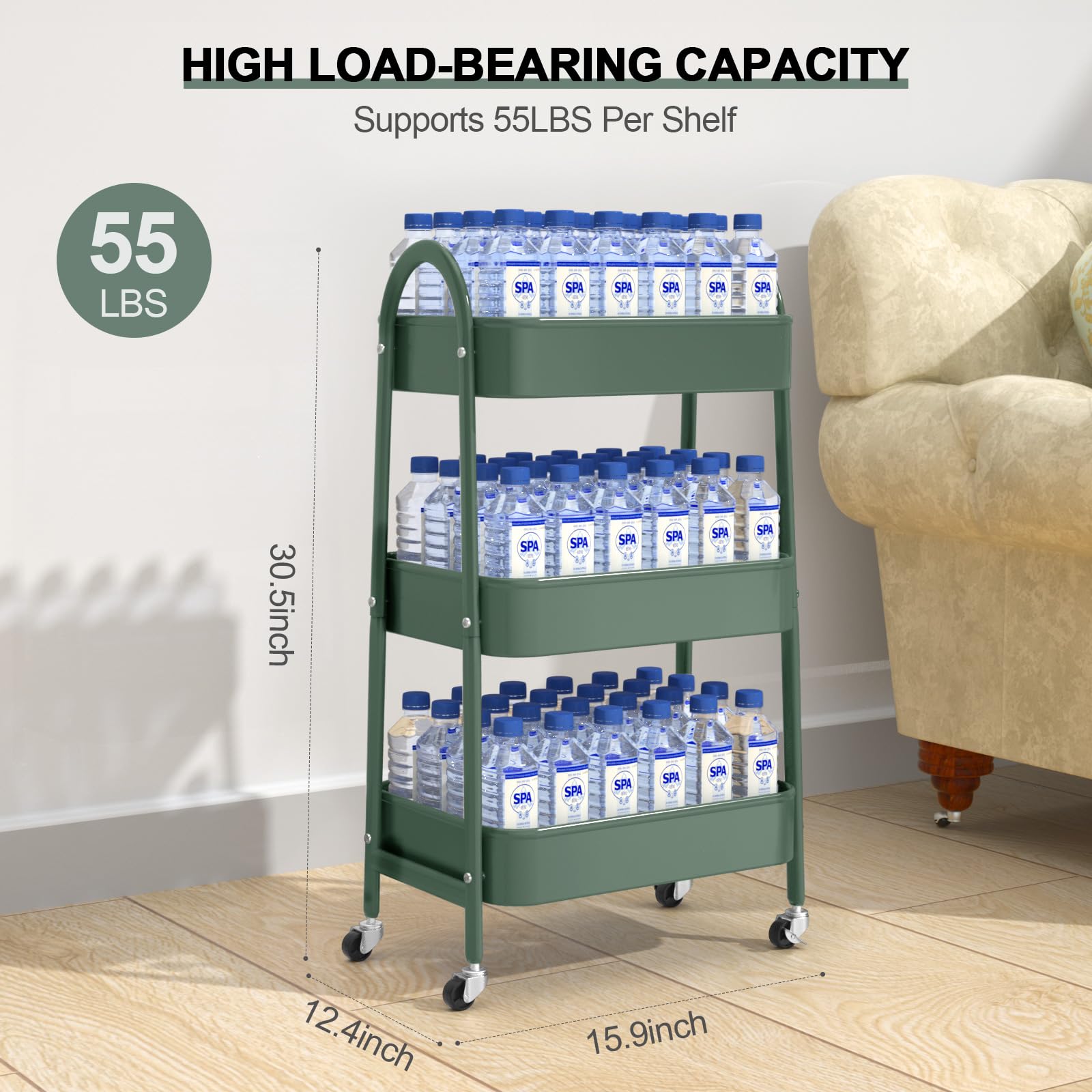 EAGMAK 3 Tier Rolling Cart, Large Metal Storage Cart with Handle and Lockable Wheels, Big Multifunctional Storage Organizer Trolley with Mesh Baskets for Kitchen, Living Room, Office, Garage (Beige)
