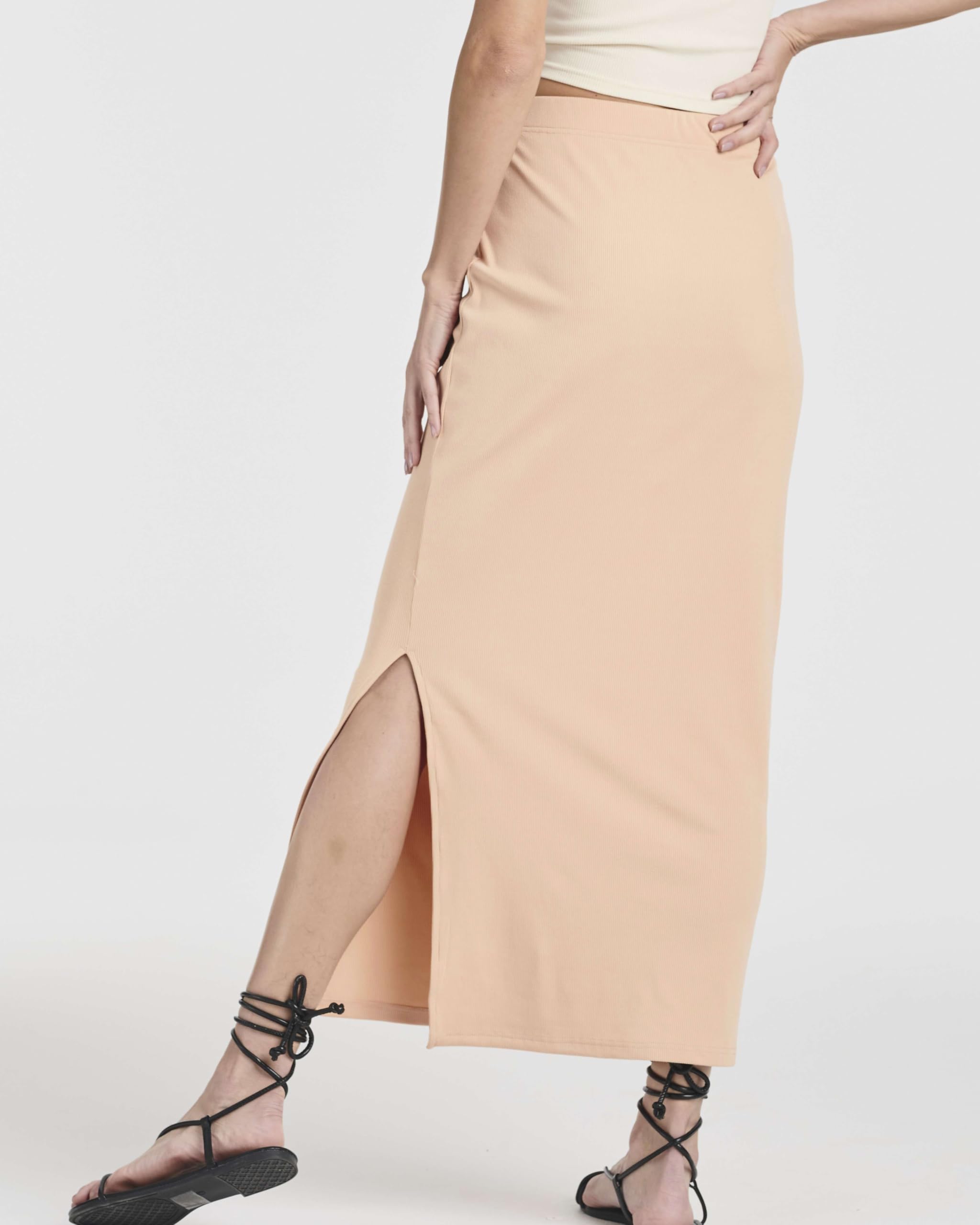 Real Essentials 3 Pack: Women's Ribbed High Waisted Maxi Skirt with Side Slit - Casual Long Pencil Skirt