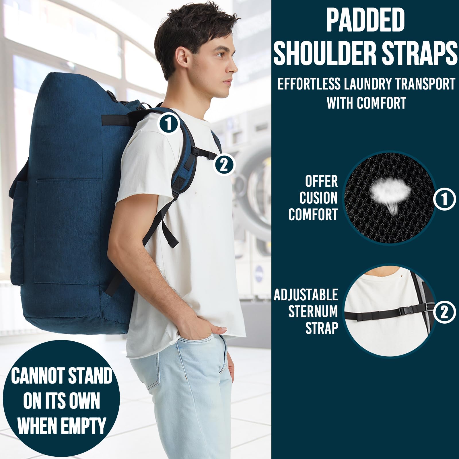 Laundry Bag Extra Large 115L, Laundry Backpack Bag, Laundry Bags Extra Large Heavy Duty, Laundry Bag with Straps, Clothes Hamper Bags with 4 Pockets, College Laundromat Backpack for Dorm Room