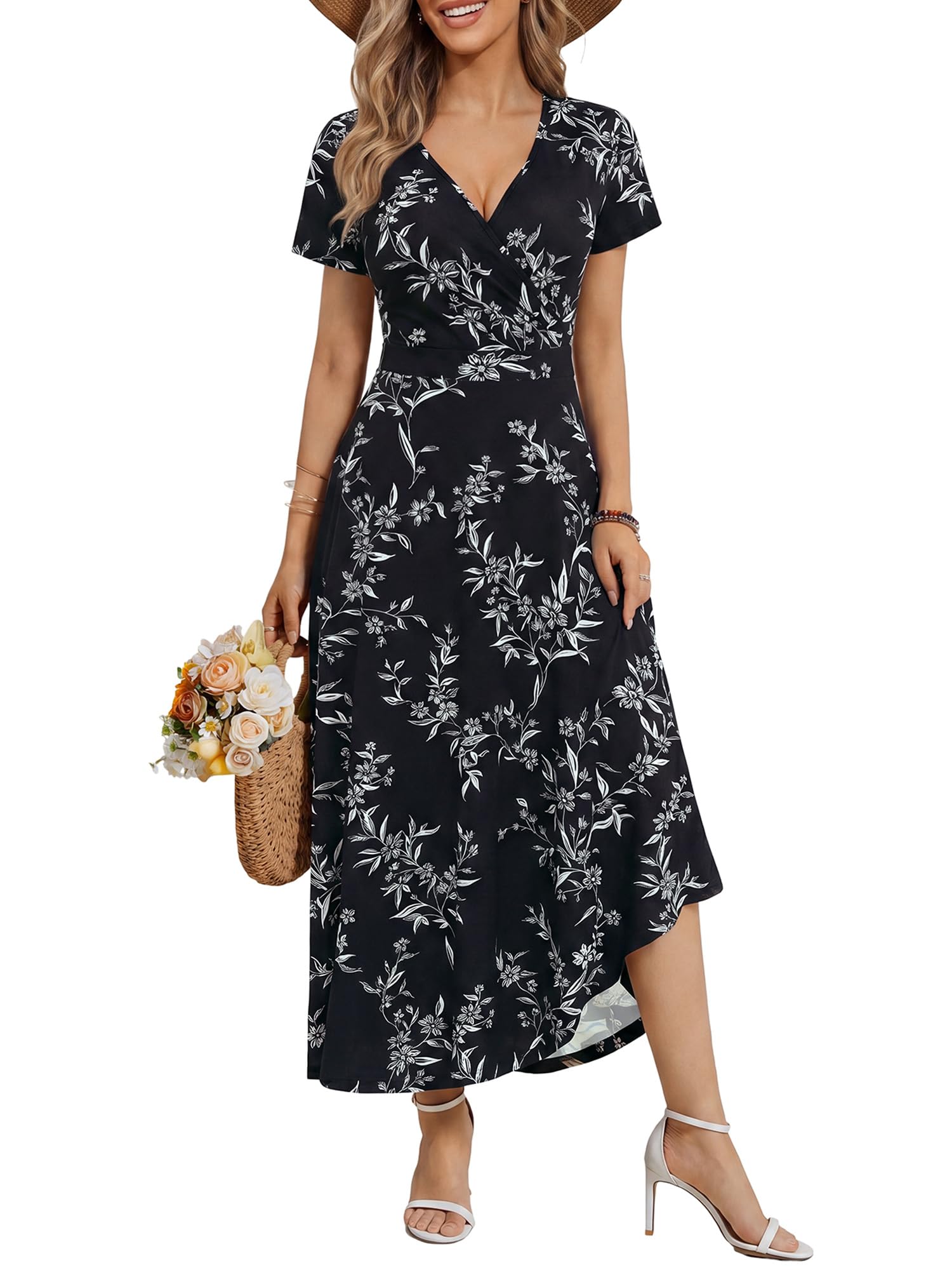 HUHOT Women's Short Sleeve Wrap V Neck Dresses for Wedding Guest Summer Floral Maxi Sundresses with Pockets Boho Dress