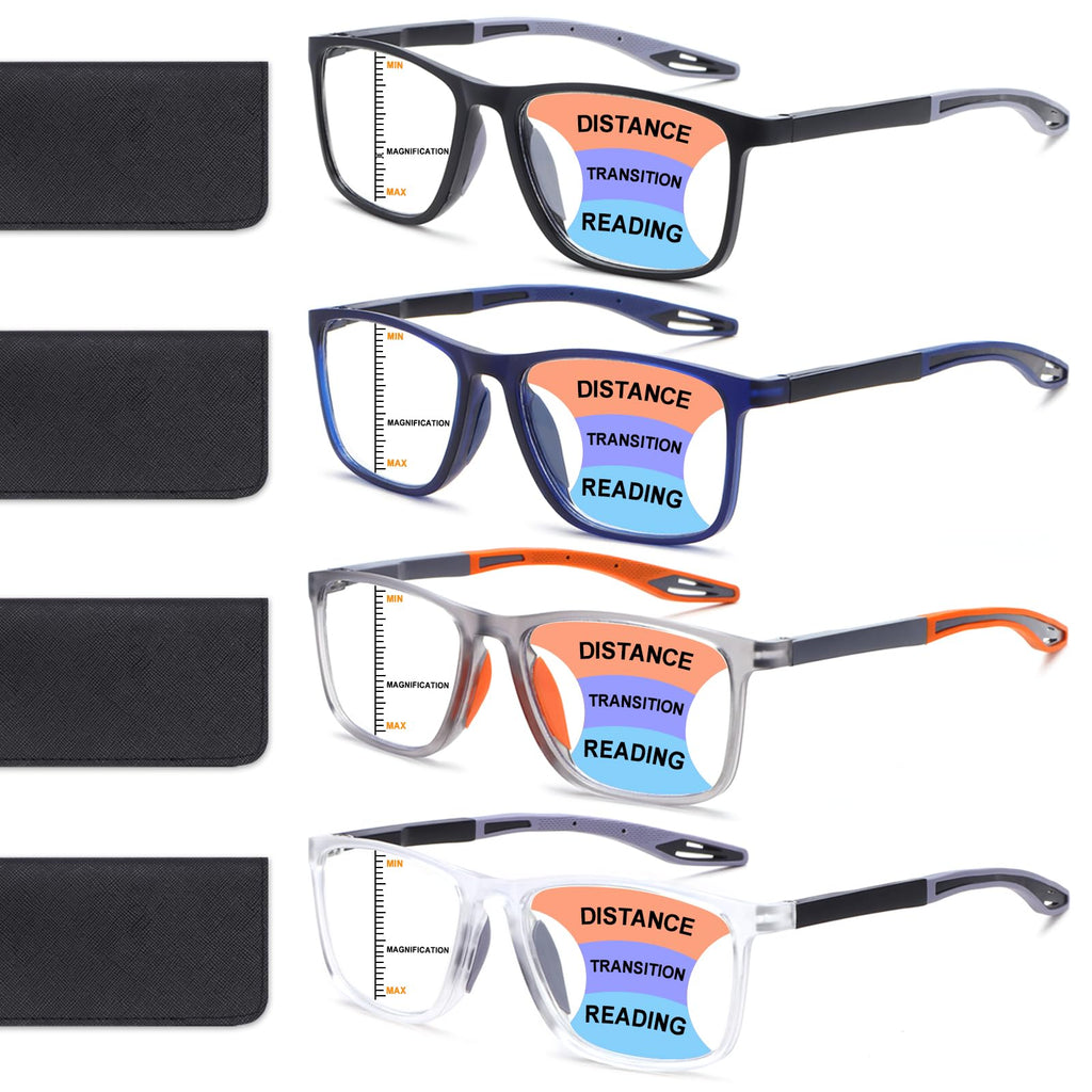 BLOEXCLU 4 Pack Progressive Multifocus Reading Glasses for Men Women TR90 Sports Style Anti-Blue Light Computer Readers
