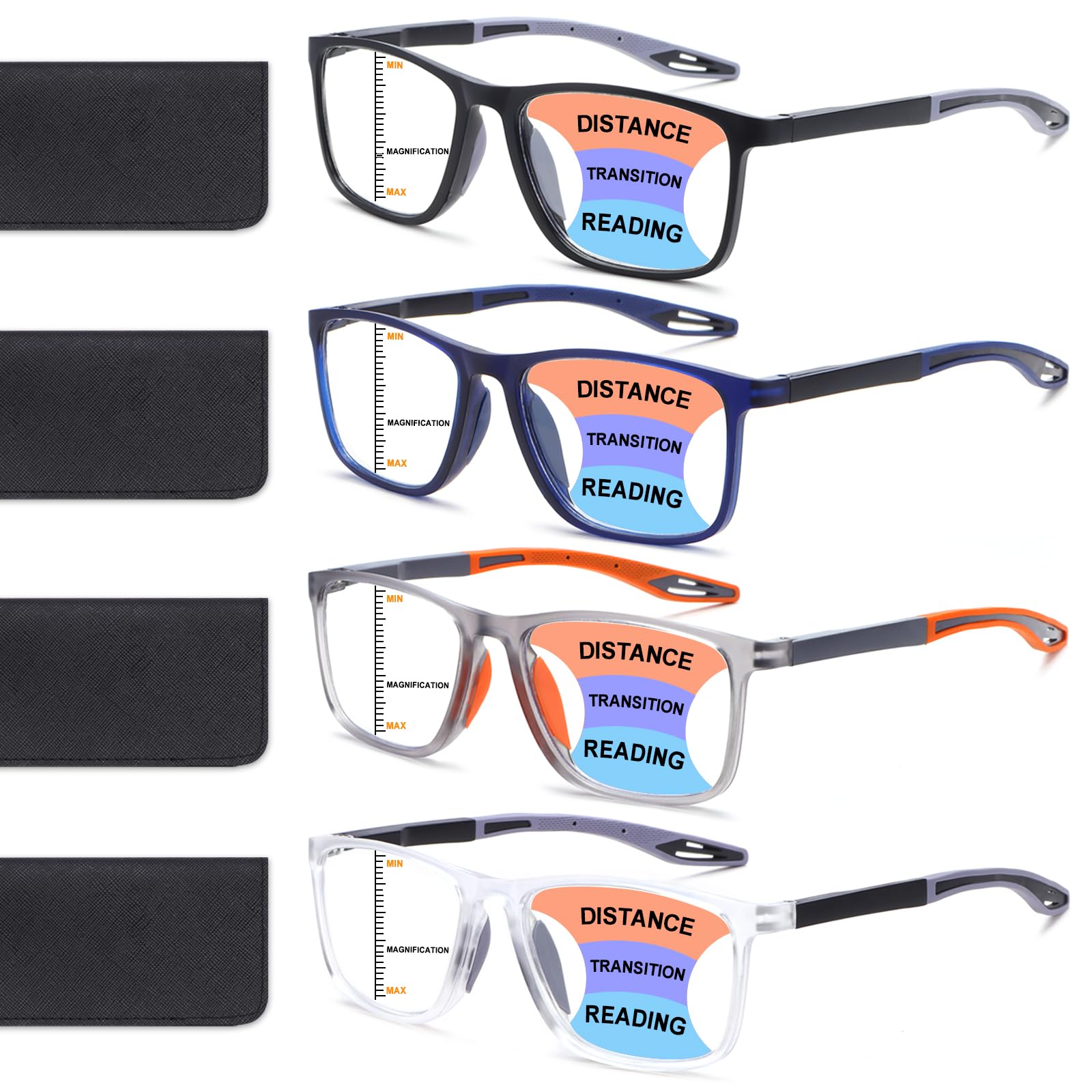 BLOEXCLU 4 Pack Progressive Multifocus Reading Glasses for Men Women TR90 Sports Style Anti-Blue Light Computer Readers