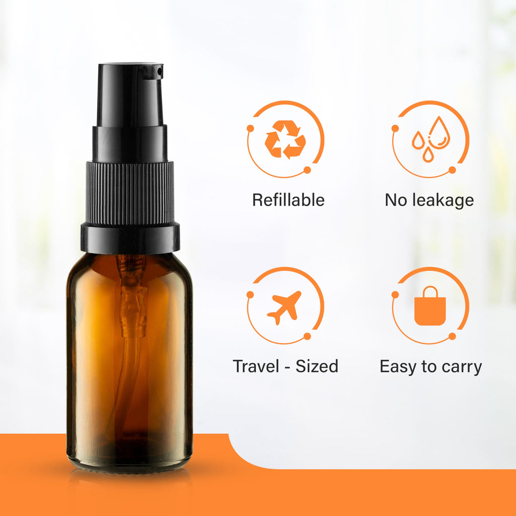 VitalUp Empty Refillable Glass Amber Pump Bottle Ideal for Lotion Cream Essential Oil Travel Small Container - 2 Pack (50ml)