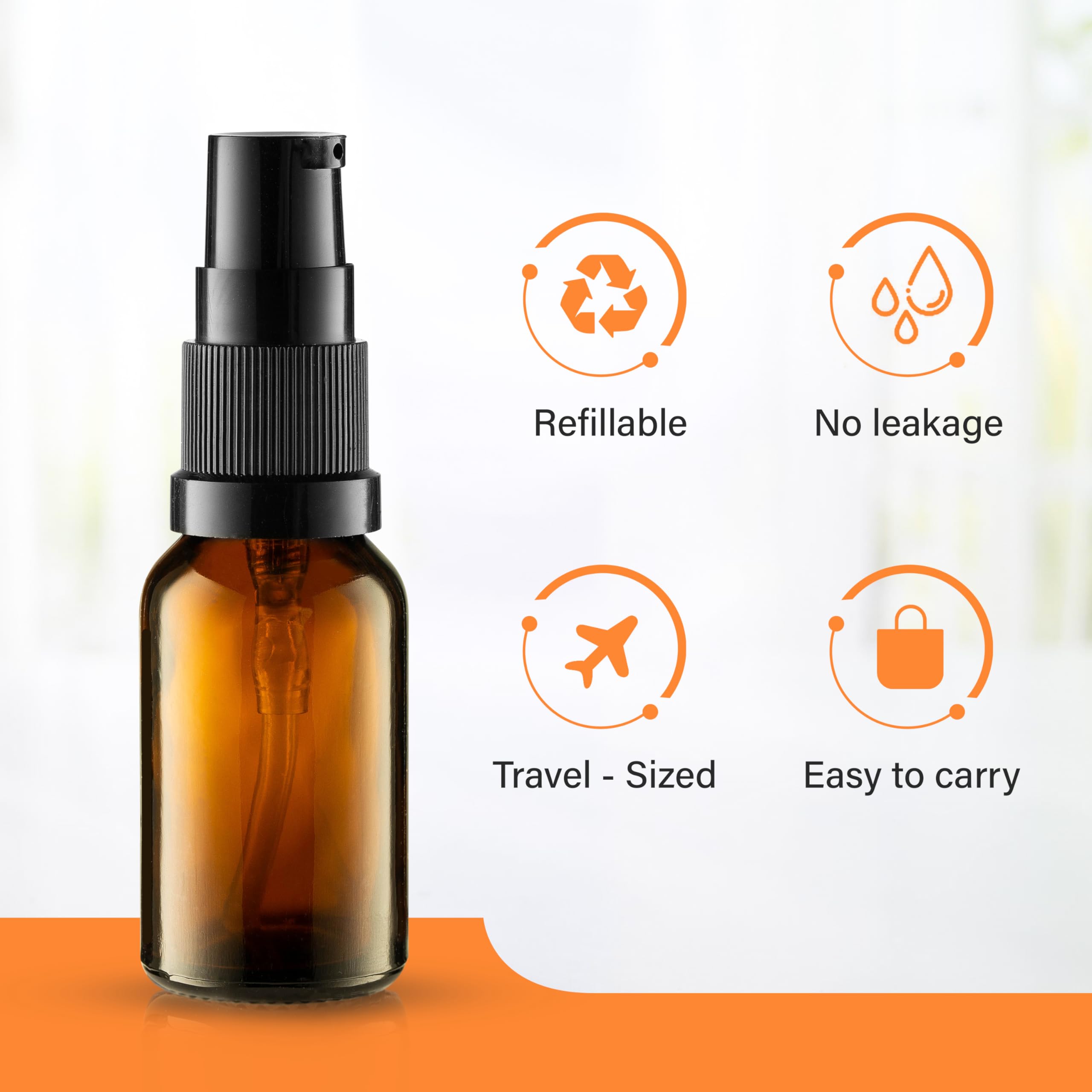 VitalUp Empty Refillable Glass Amber Pump Bottle Ideal for Lotion Cream Essential Oil Travel Small Container - 2 Pack (50ml)