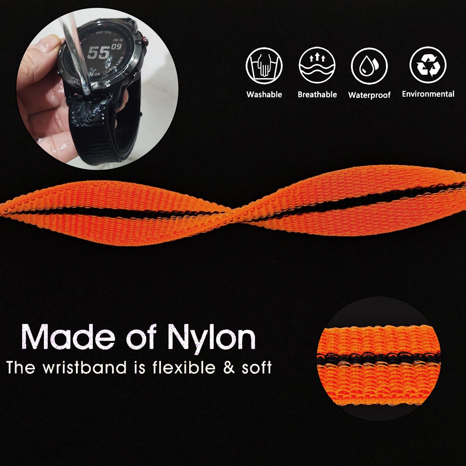 Abanen Hook and Loop Quick Dry Watch Band for Fenix 8 47mm/ epix Pro 47mm / Fenix 7/6/5, 22mm Woven Nylon Ultralight Sport Wristband Strap for Garmin Instinct 2, Instinct 3 45mm