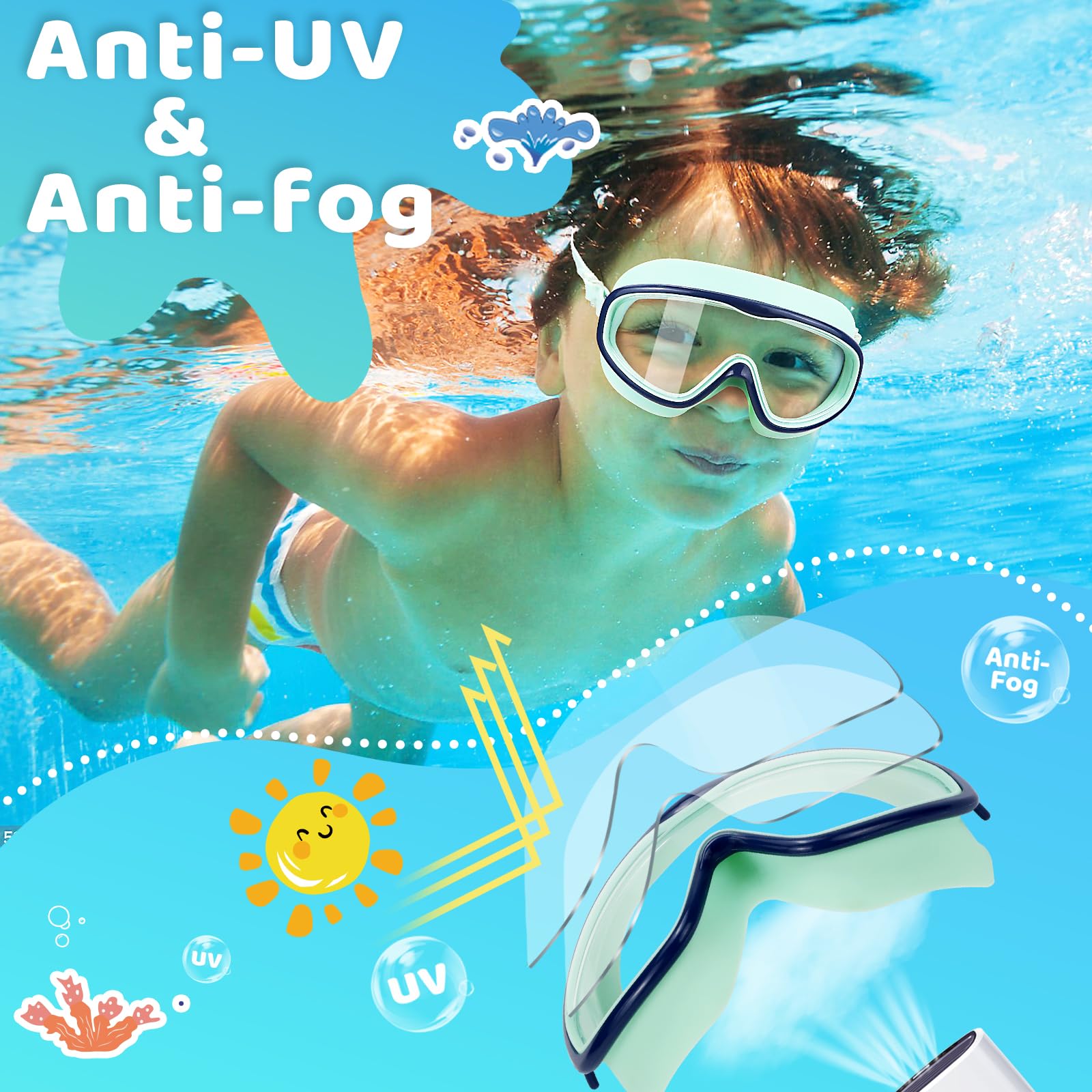 Vvinca Kids Swim Goggles with Fabric Strap No Tangle Pain-Free, Anti-Fog Swimming Pool Goggle No Leak for Toddlers Girls Boys