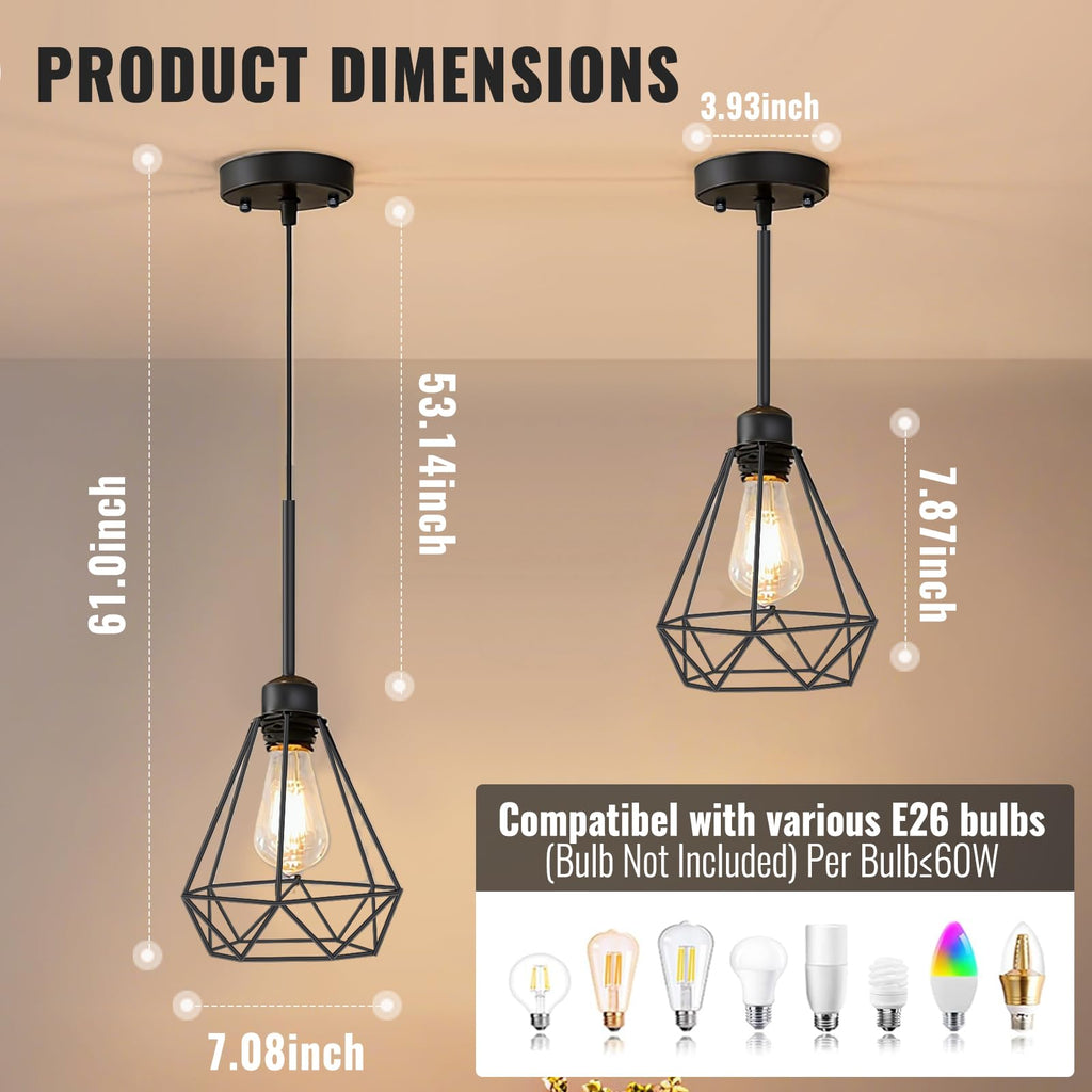 Maliralt Pendant Light Hanging Lights Fixture - Adjustable Hanging Lamps with Black Metal Diamond Shade for Kitchen Island, Dining Room Over Table, Breakfast Corner, Farmhouse Home Decor - 1 Pack