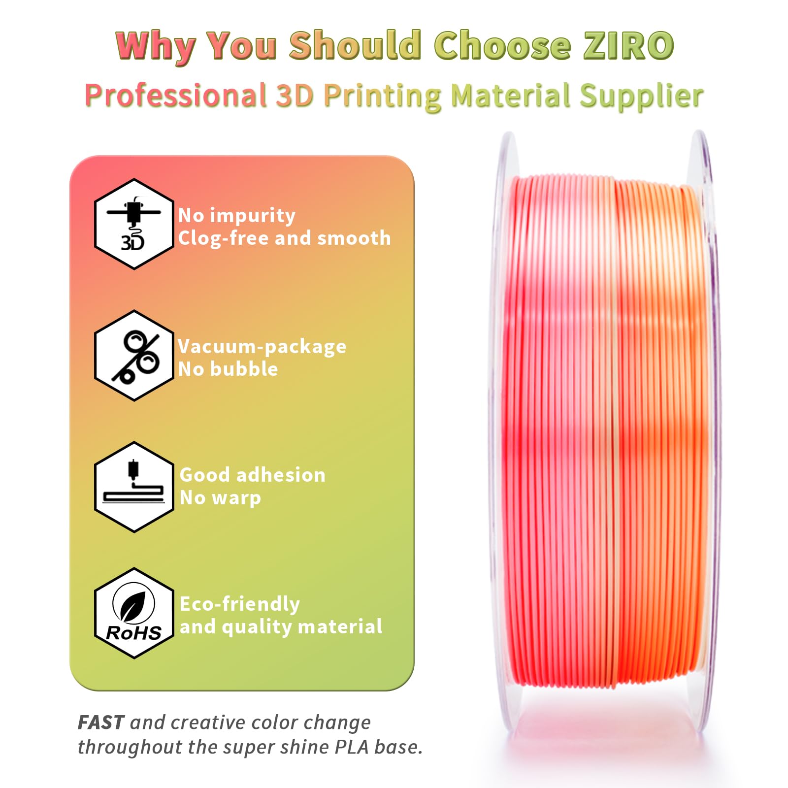 ZIRO Fast Color Change PLA, 1.75mm Color Gradient Filament, Glossy Rainbow PLA Filaments, Fit Most 3D Printer Pen, Shiny Surface 1KG/2.2lbs Spool, Aqua Sky (Silk)